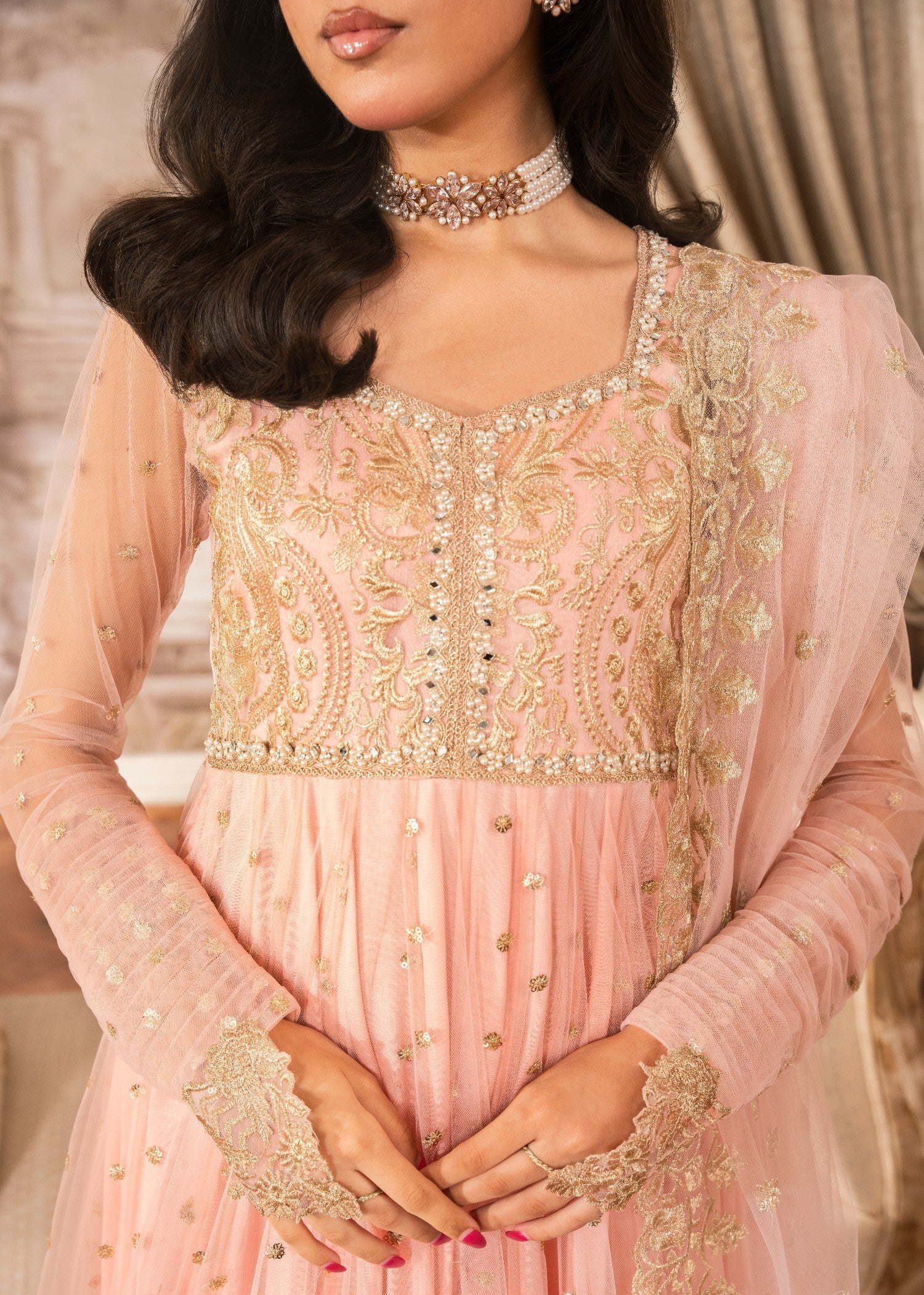 net Pishwas in Peach pink