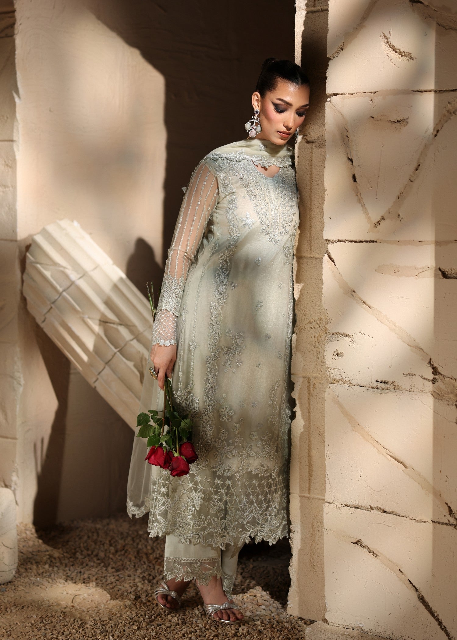 net Kurta Set in Tea green