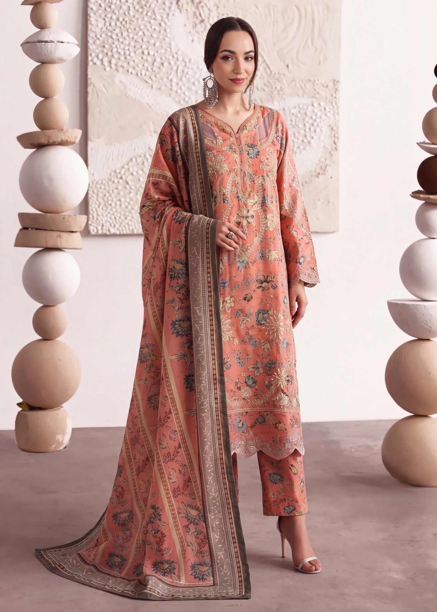 lawn cotton Kurta Set in Peach pink, coral pink