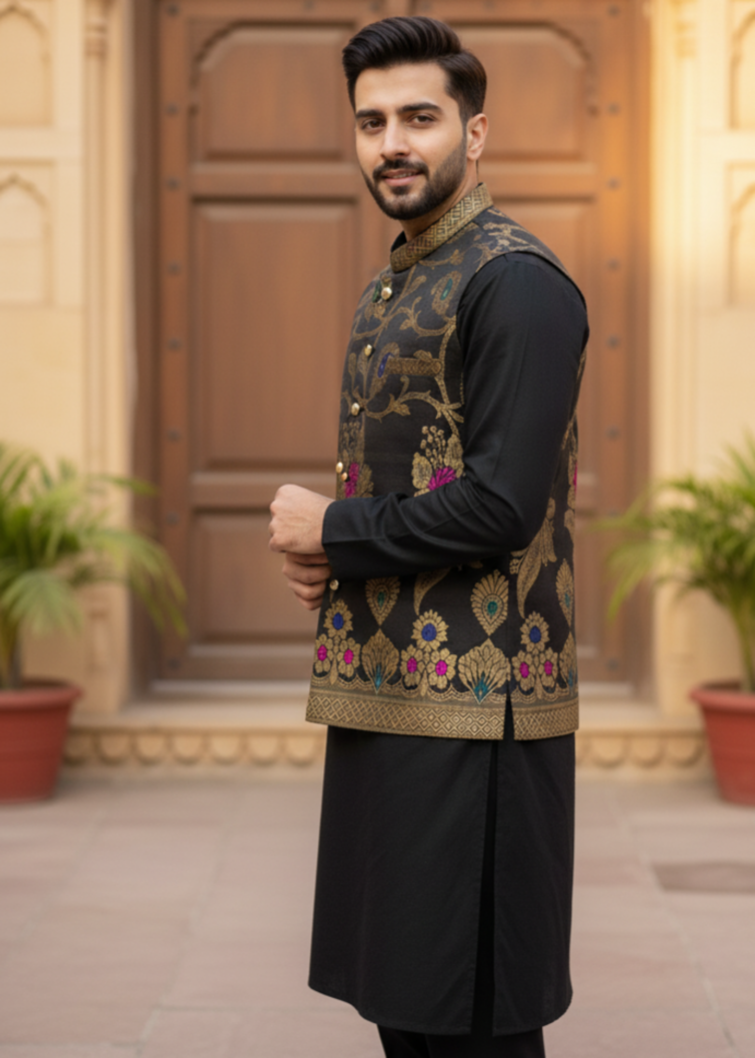 banarasi Waistcoat in Charcoal black