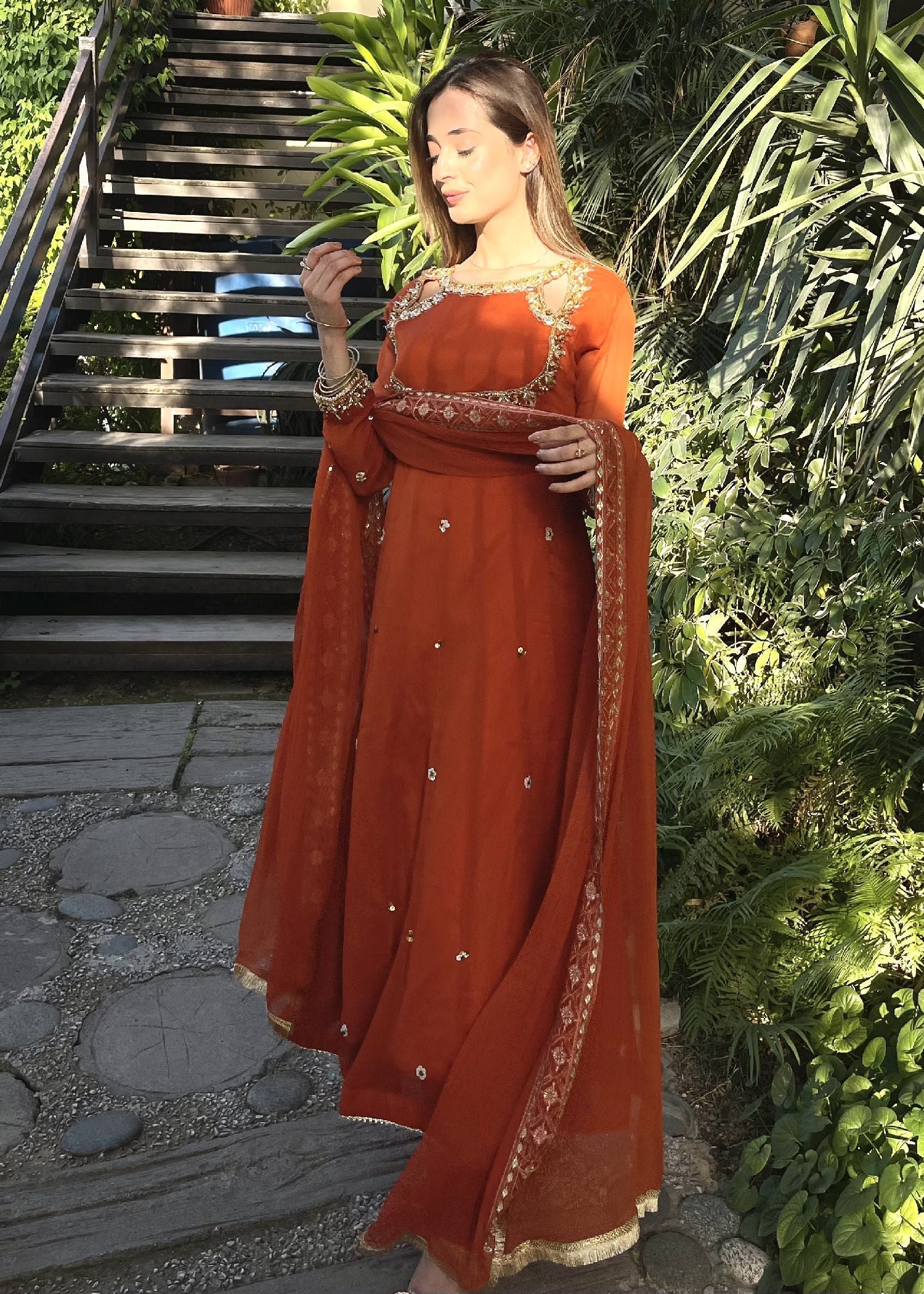 polyester chiffon Maxi in Rust orange