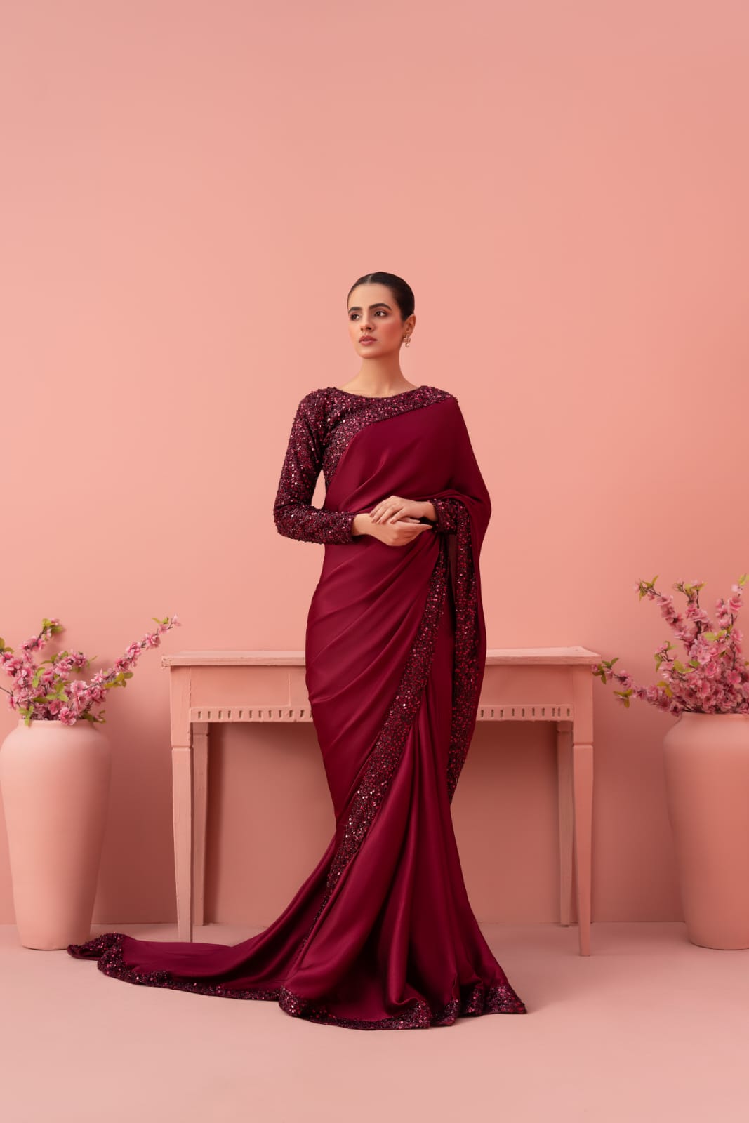 net Saree in Maroon