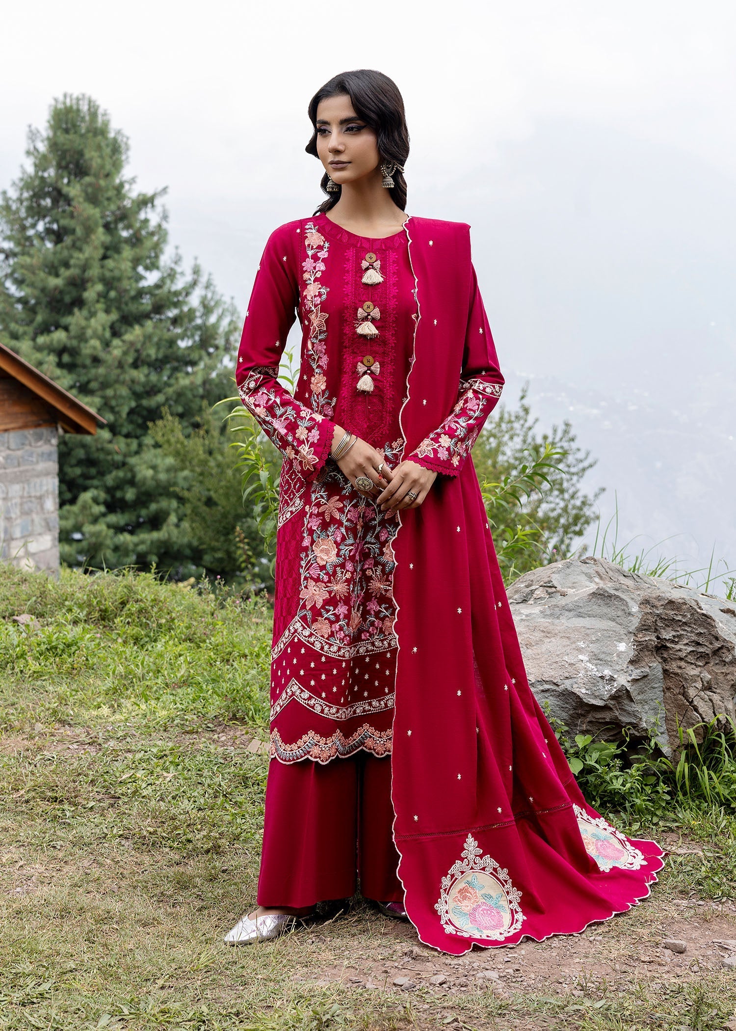 khaddar Kurta Set in Hot pink red