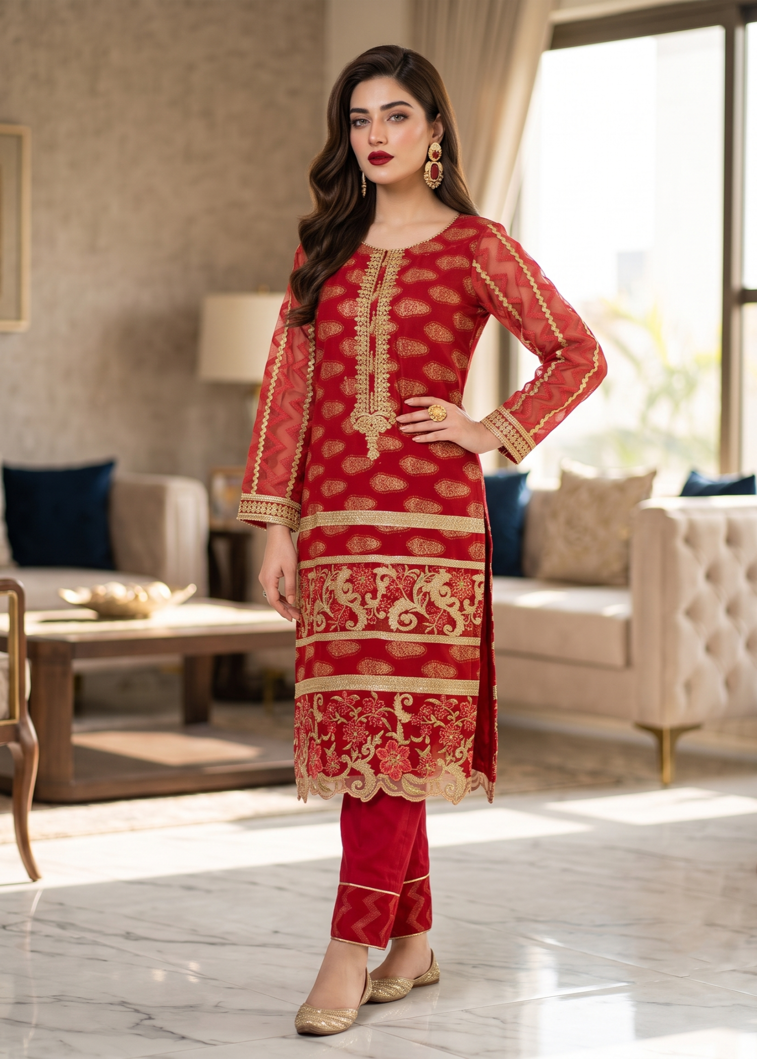 jacquard Kurta Set in Red