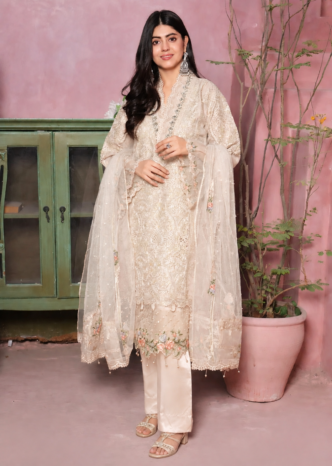 organza Kurta Set in Vanilla