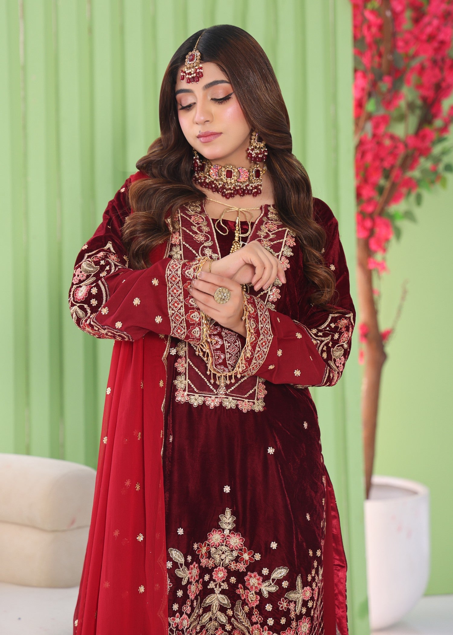 velvet Kurta Set in Maroon