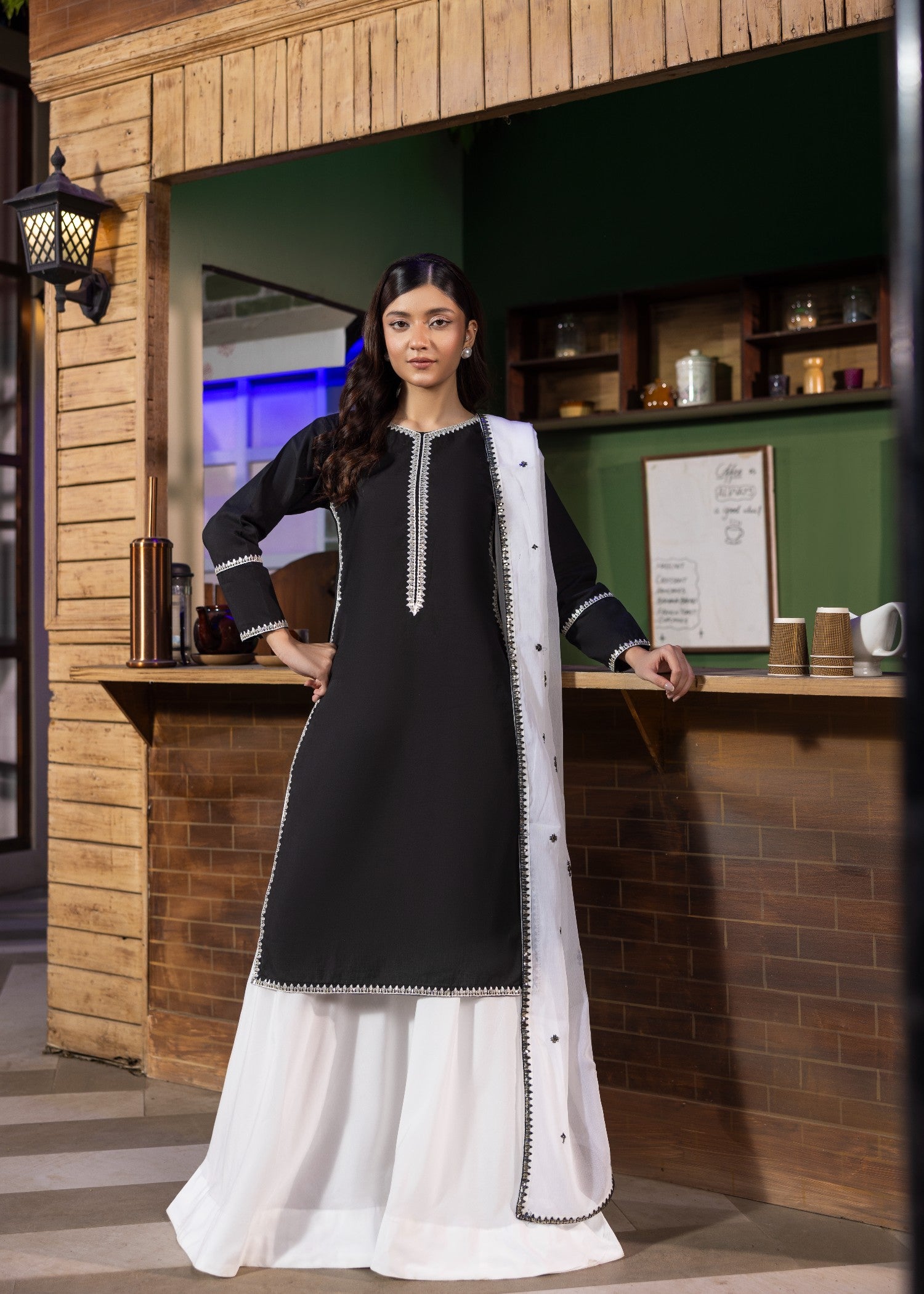 lawn cotton Sharara in Black, white