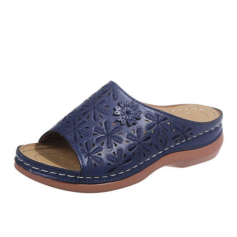 The New Hollow Floral Carved Edging Car Stitching Slope Heel Comfortable Retro Slippers Women