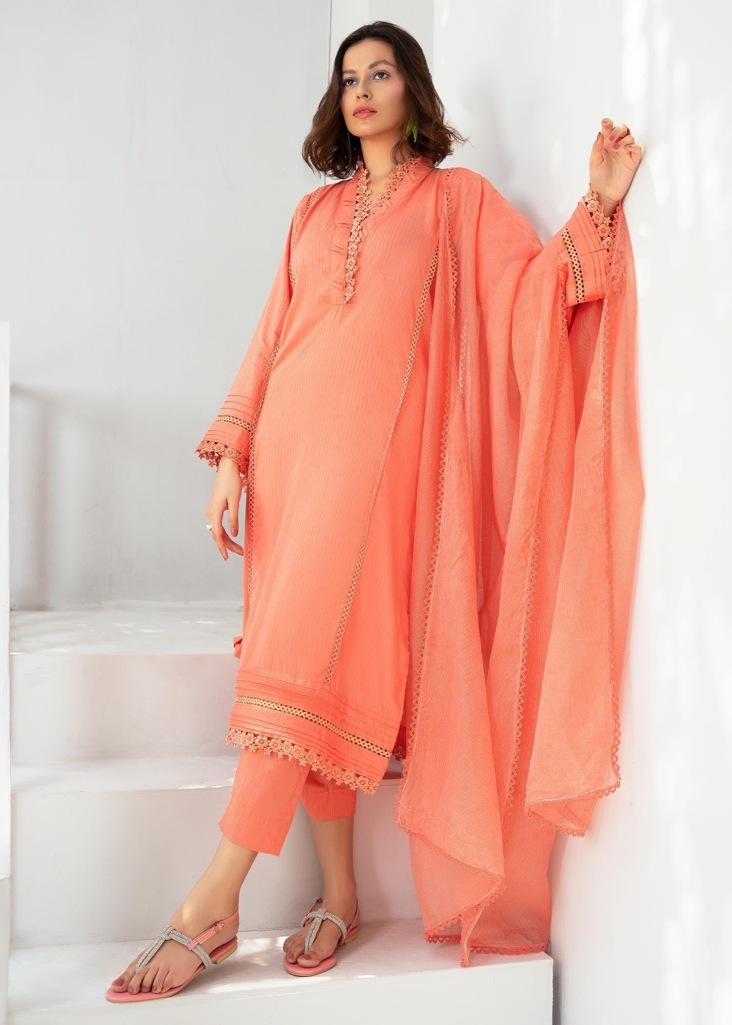 slub cambric Kurta Set in Coral orange