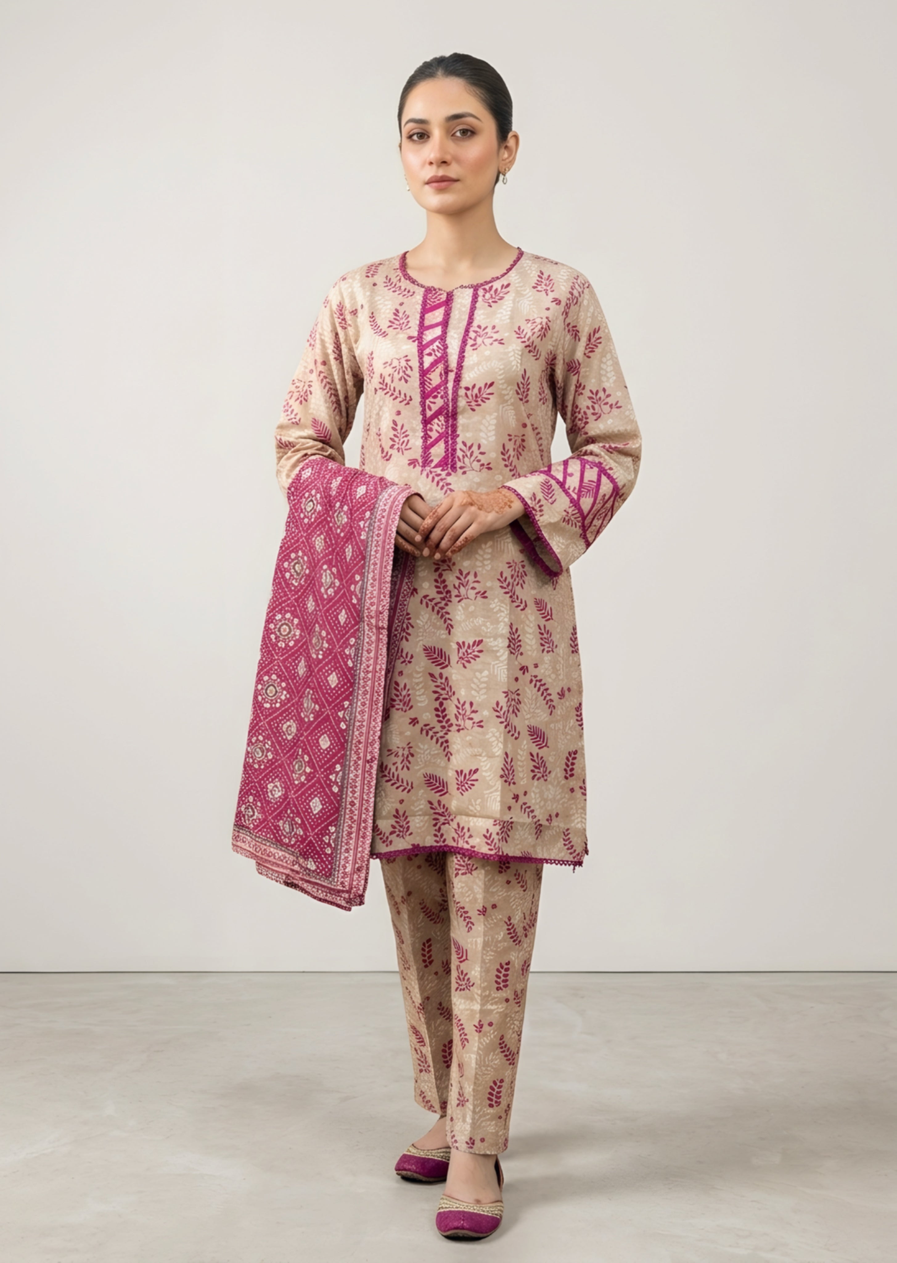 khaddar Kurta Set in Beige, raspberry pink