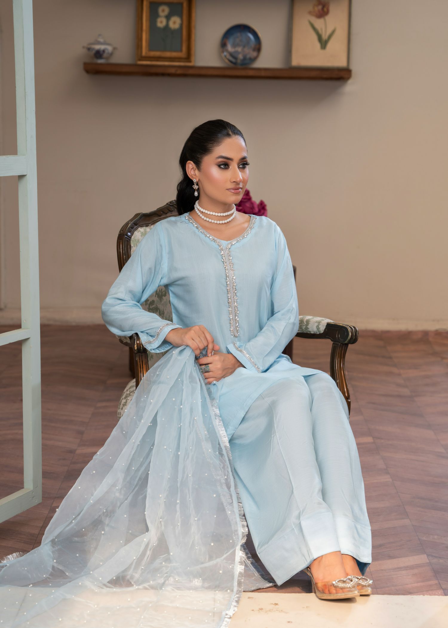 viscose thai silk Kurta Set in Ice blue
