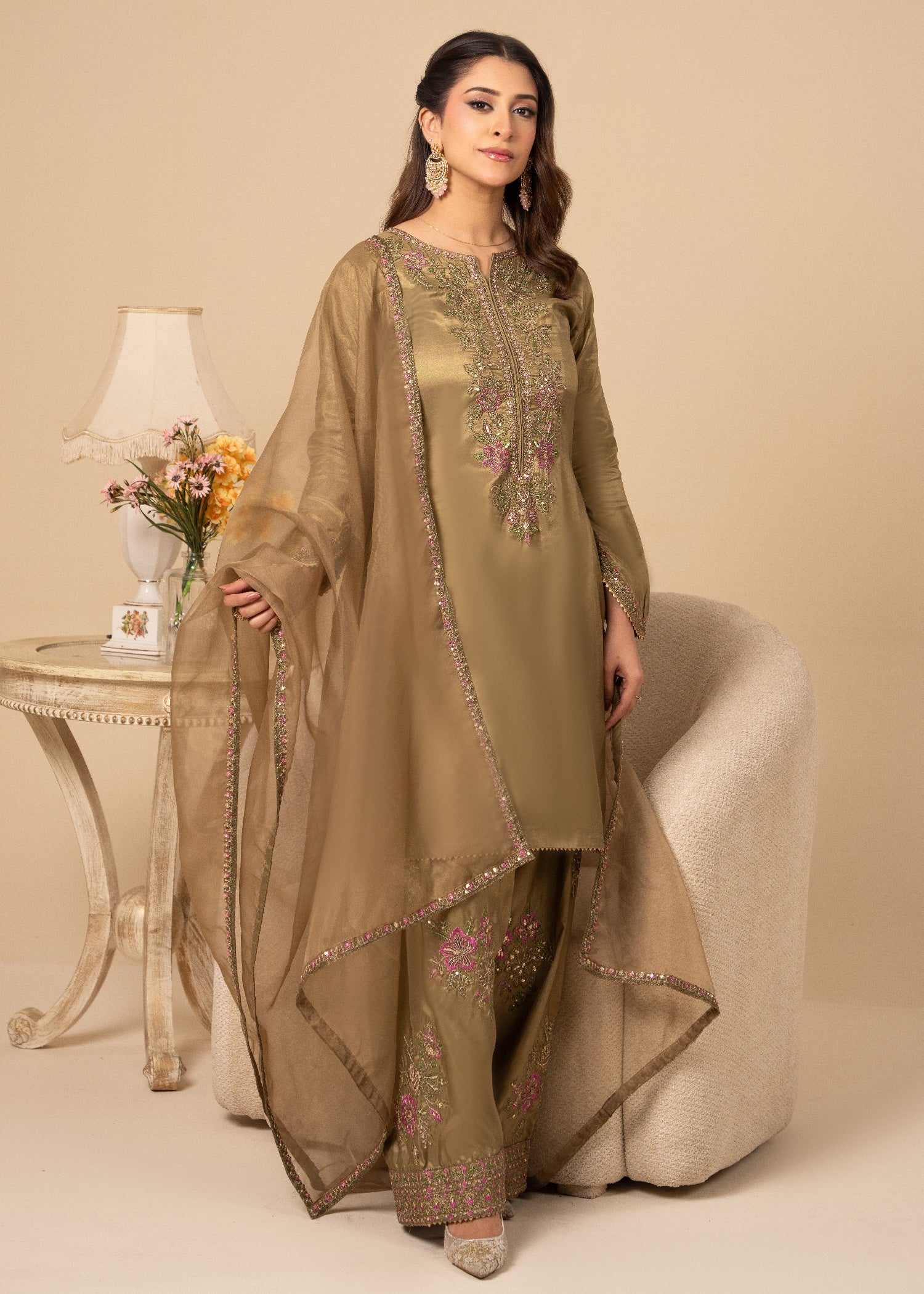 silk Kurta Set in Tan brown