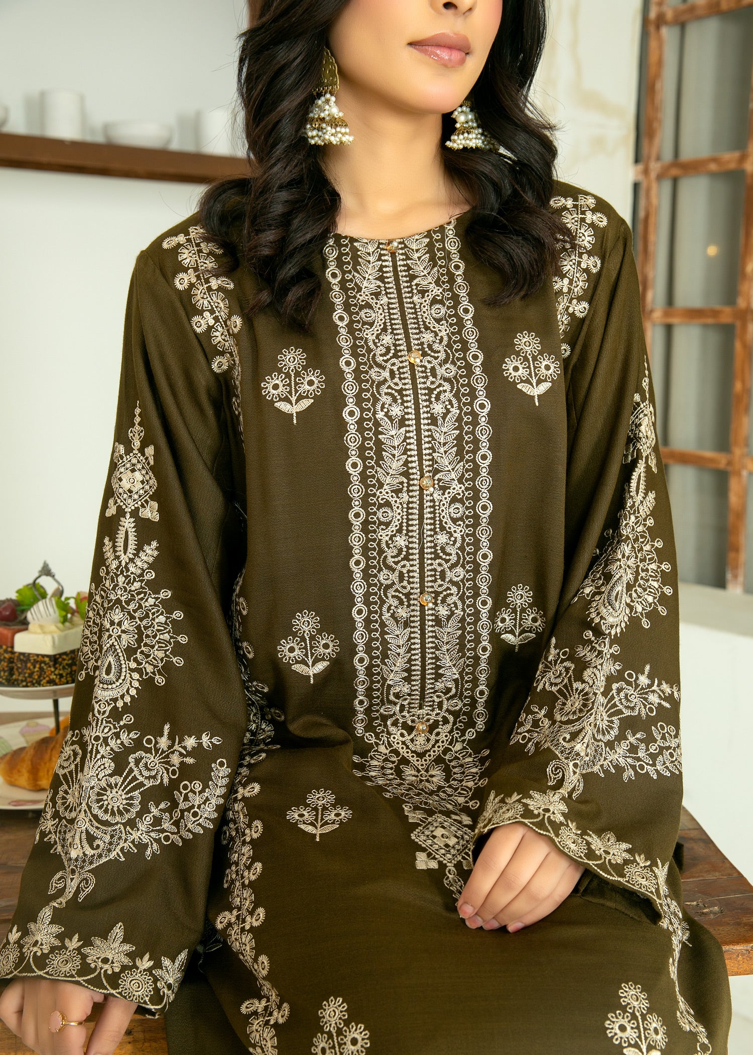 peach wool Kurta Set in Black olive