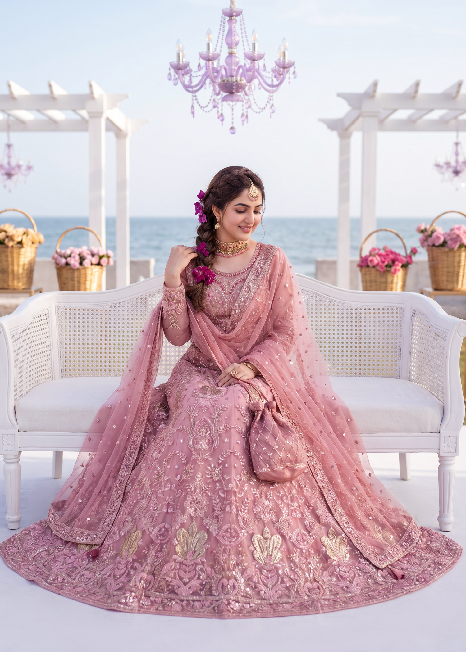 net Lehenga in Thulian pink