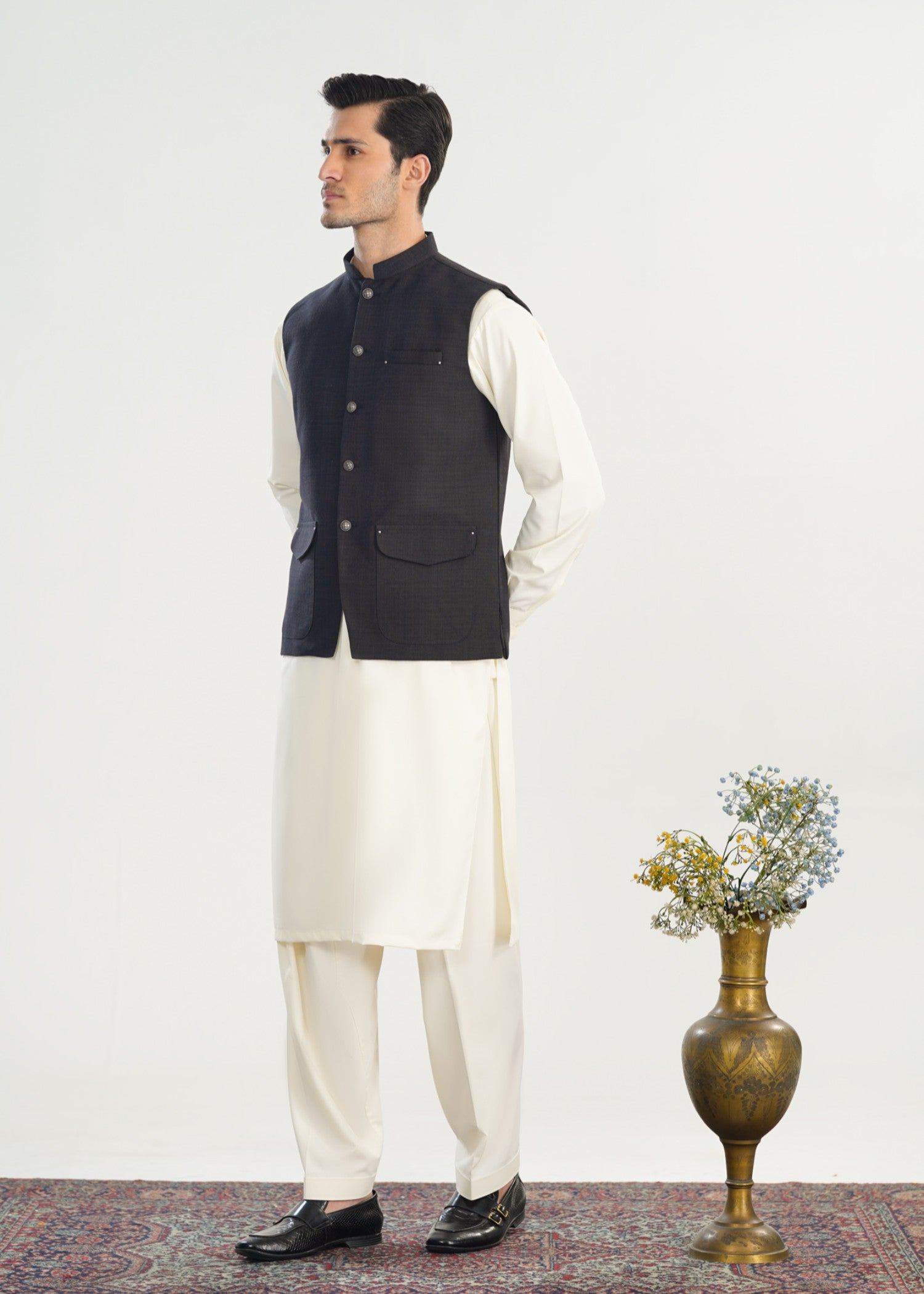 handwoven khaddar Waistcoat in Off-white, black