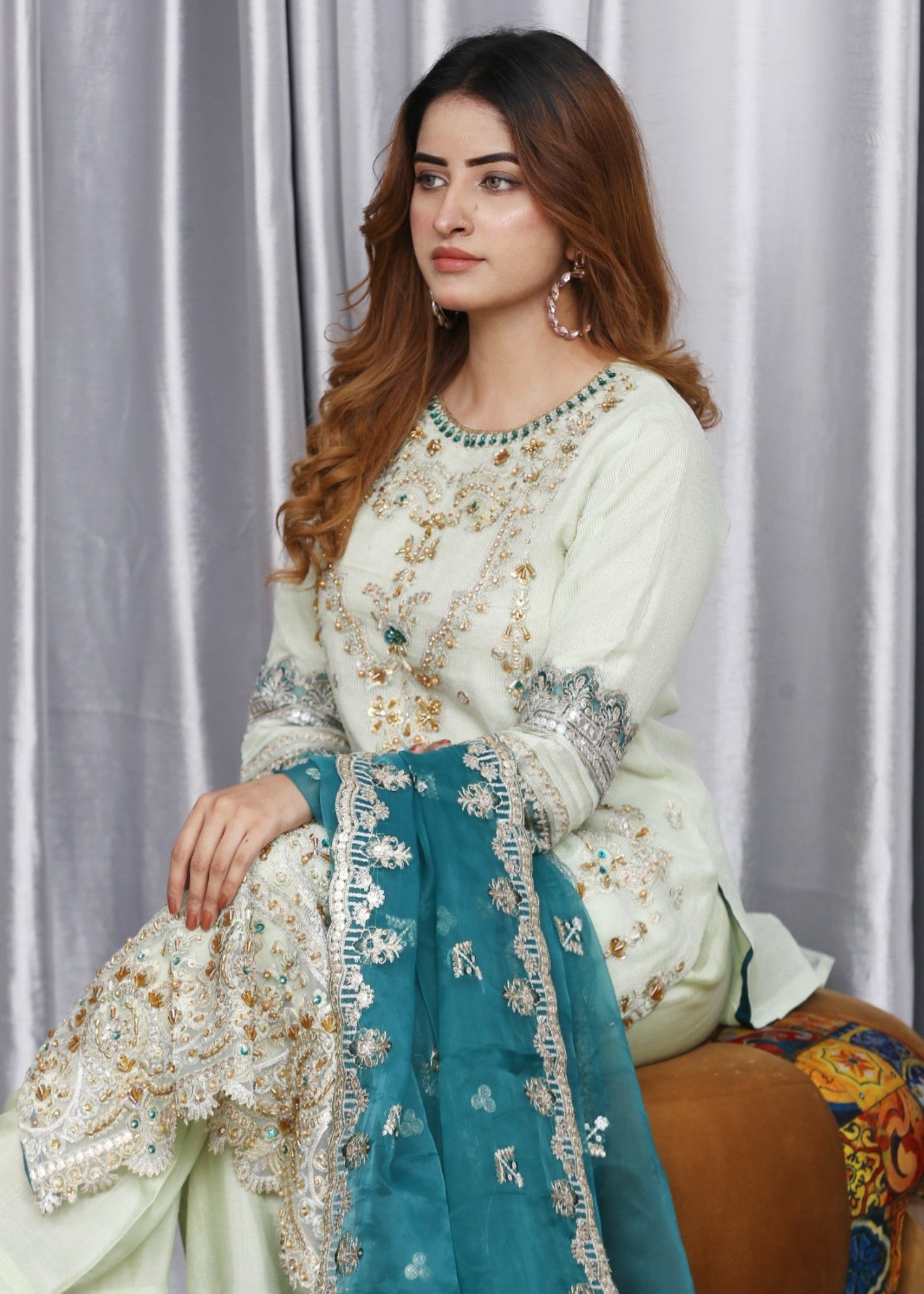 organza Kurta Set in Moss green