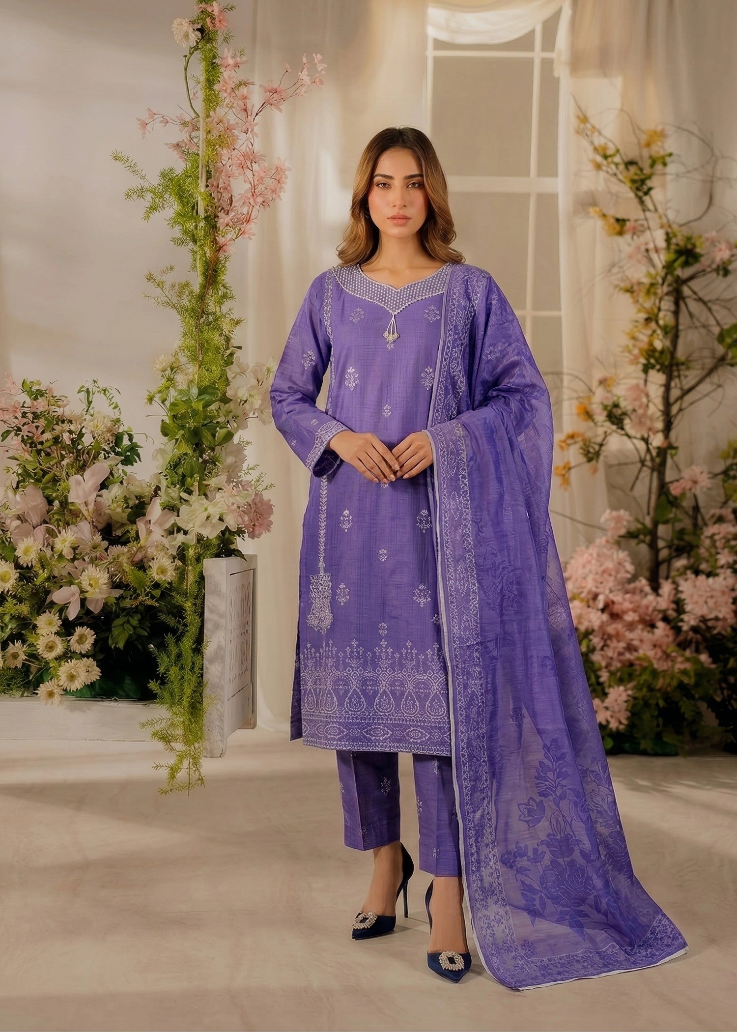 cambric cotton Kurta Set in Violet