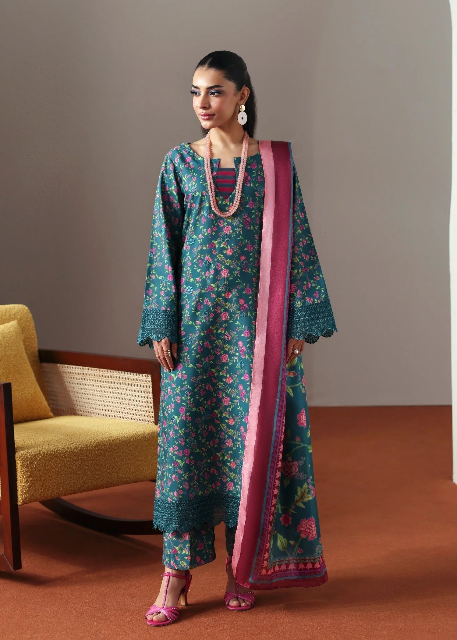 poly lawn Kurta Set in Teal