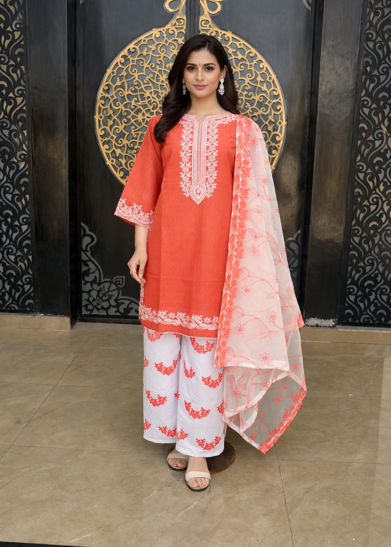 cotton dobby Kurta Set in Peach orange
