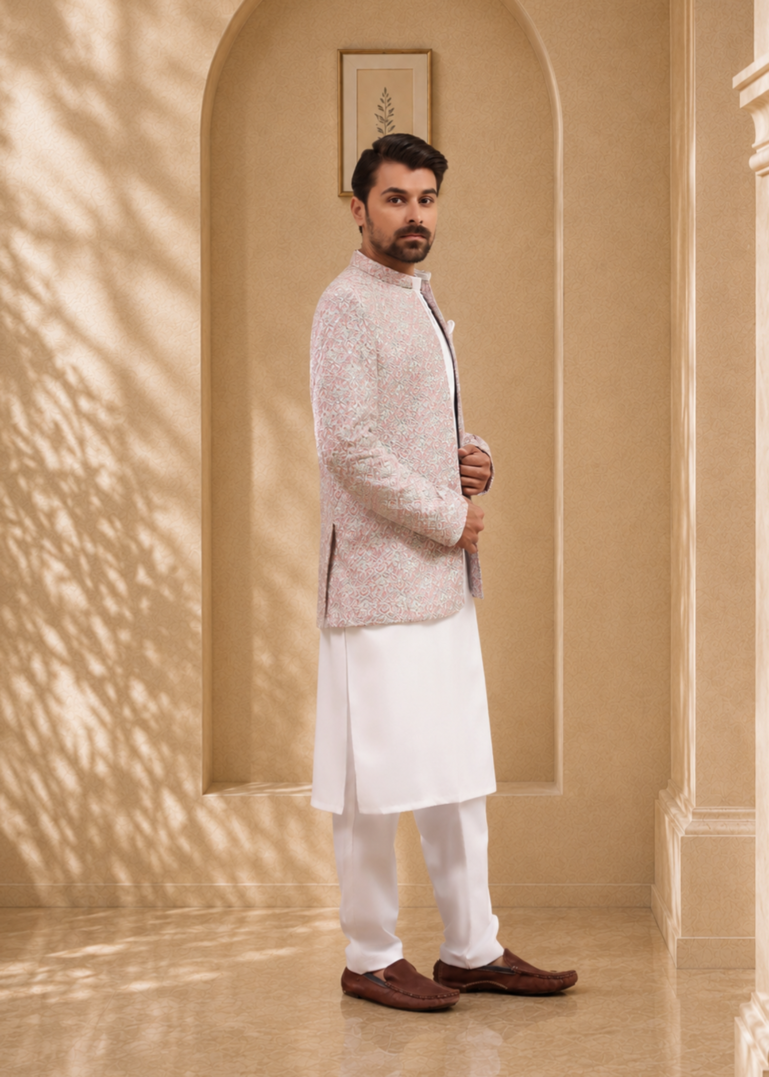 jamawar Prince Coat in Rose pink