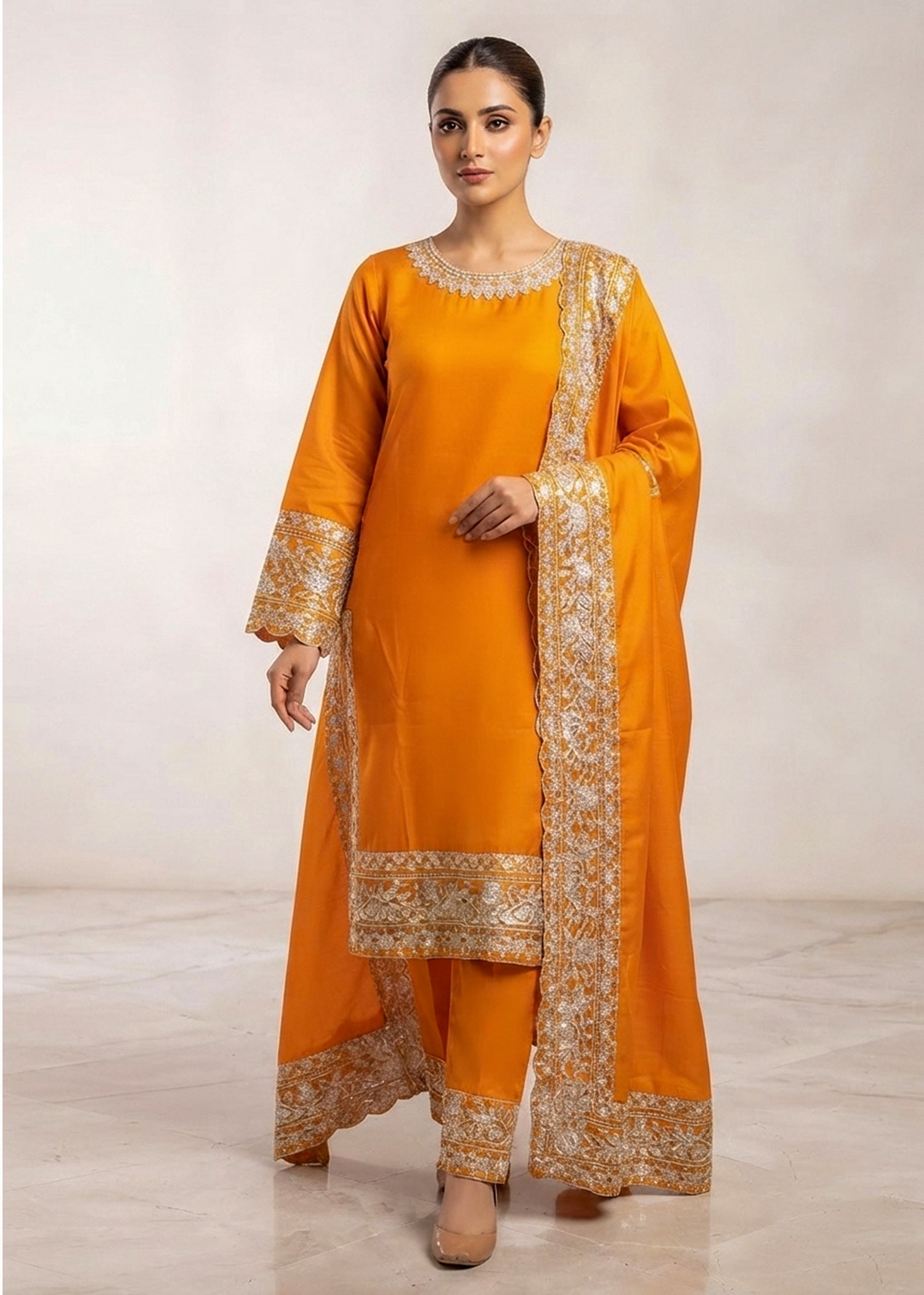 chiffon Kurta Set in Orange