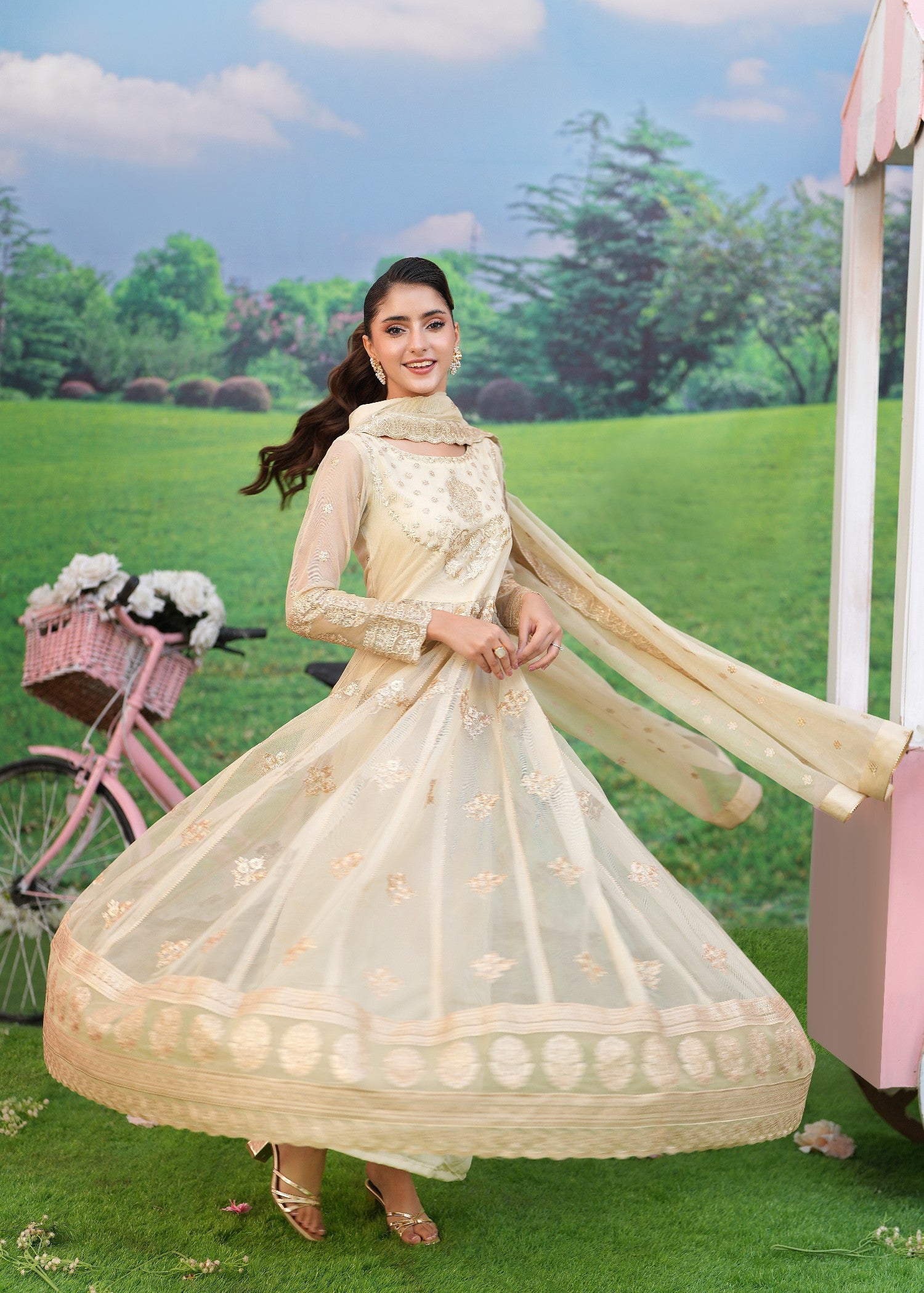 khaddi net Pishwas in Cream