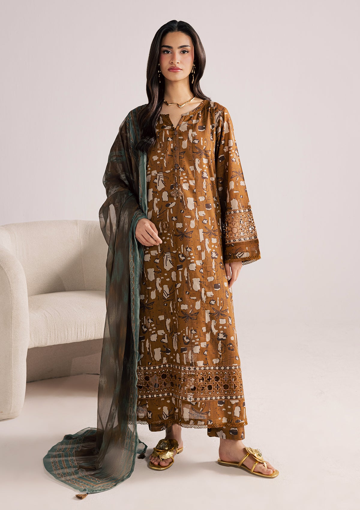 lawn Kurta Set in Caramel brown