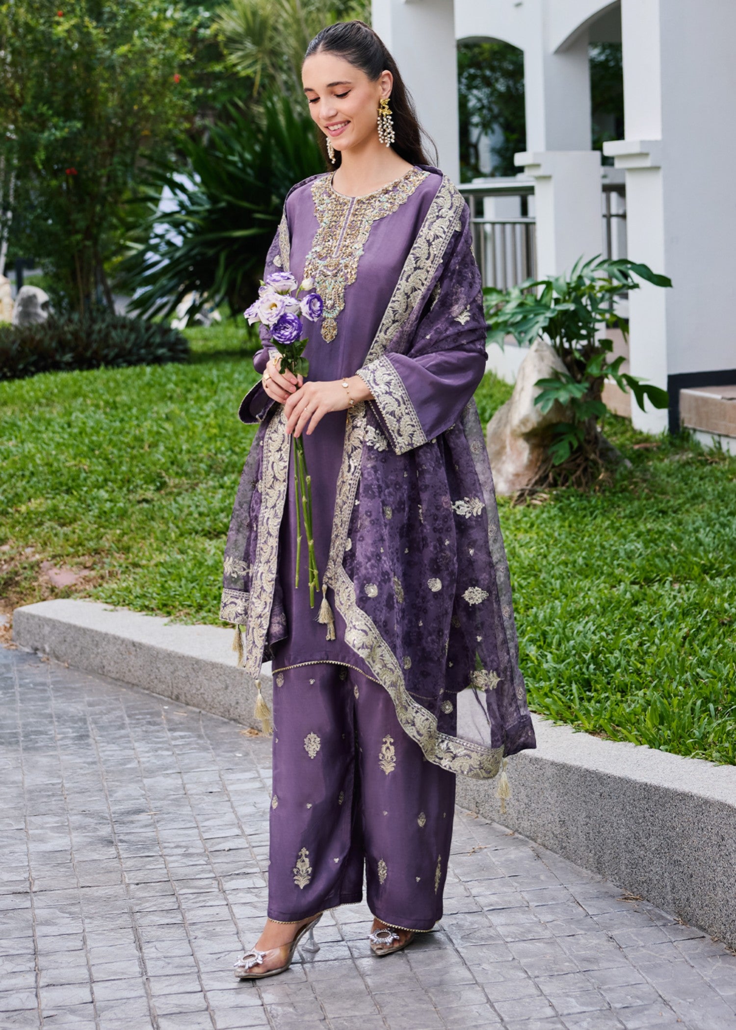 pure silk chiffon Kurta Set in Purple heart