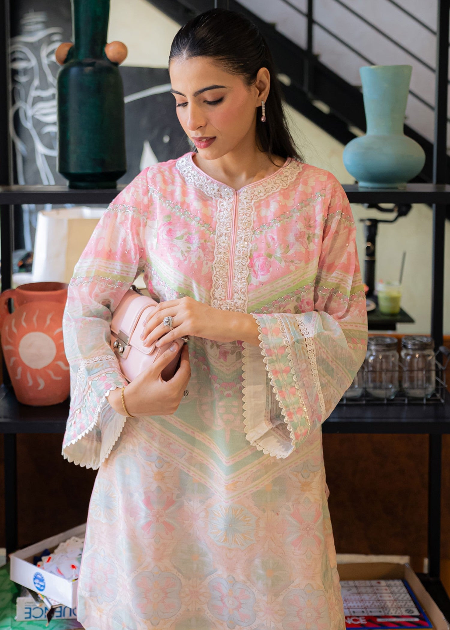 manaar Kurta Set in Pink, pearl white