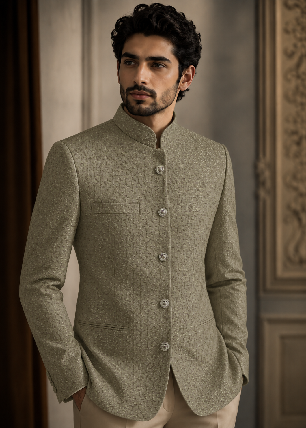 chikankari cotton Prince Coat in Pistachio green