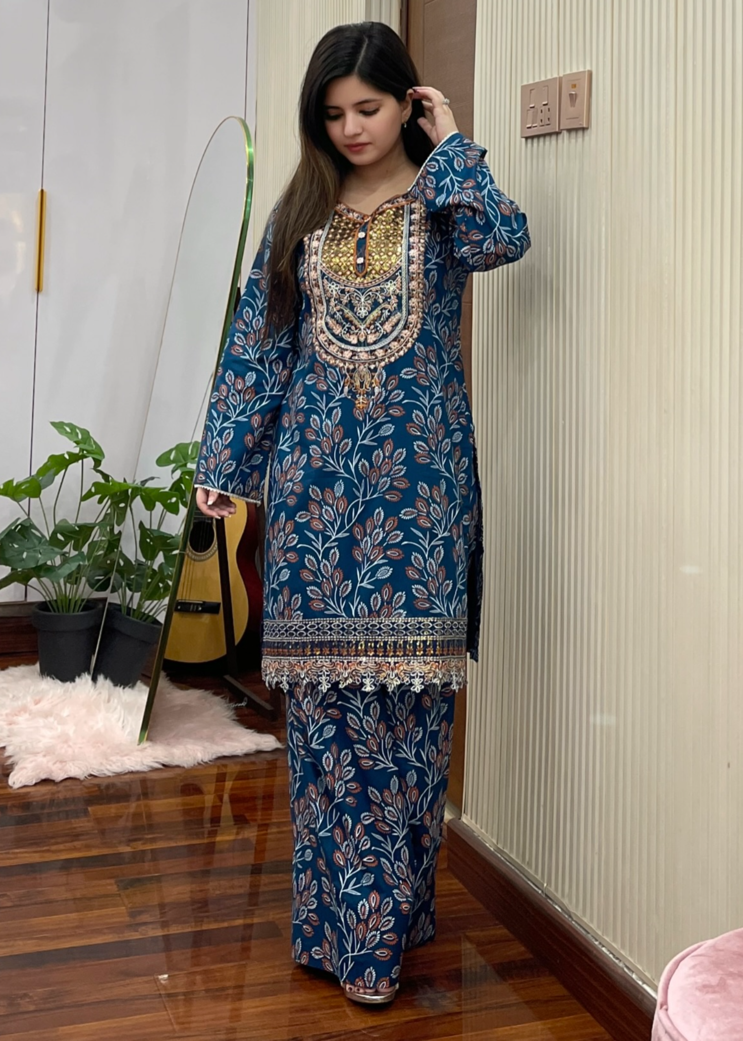 linen Kurta Set in Ocean blue