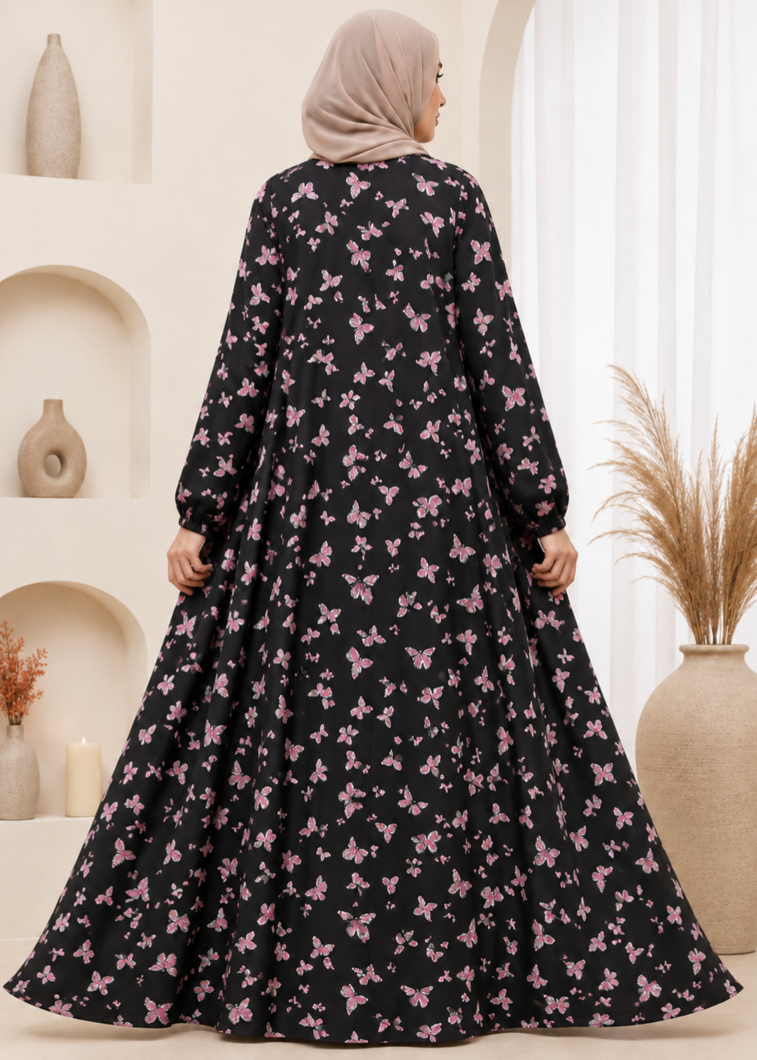 crepe georgette Abaya in Baby pink, black