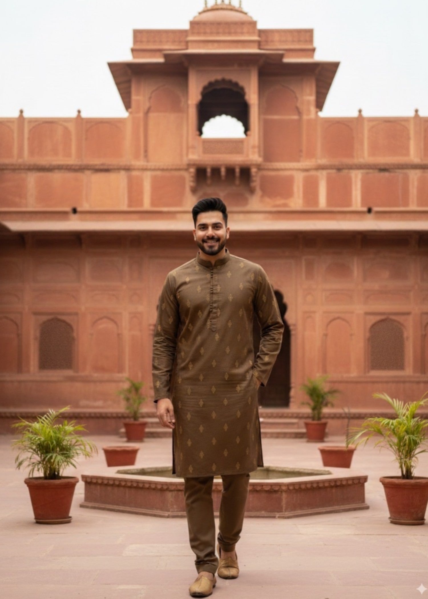 raw silk Kurta Set in Dark brown