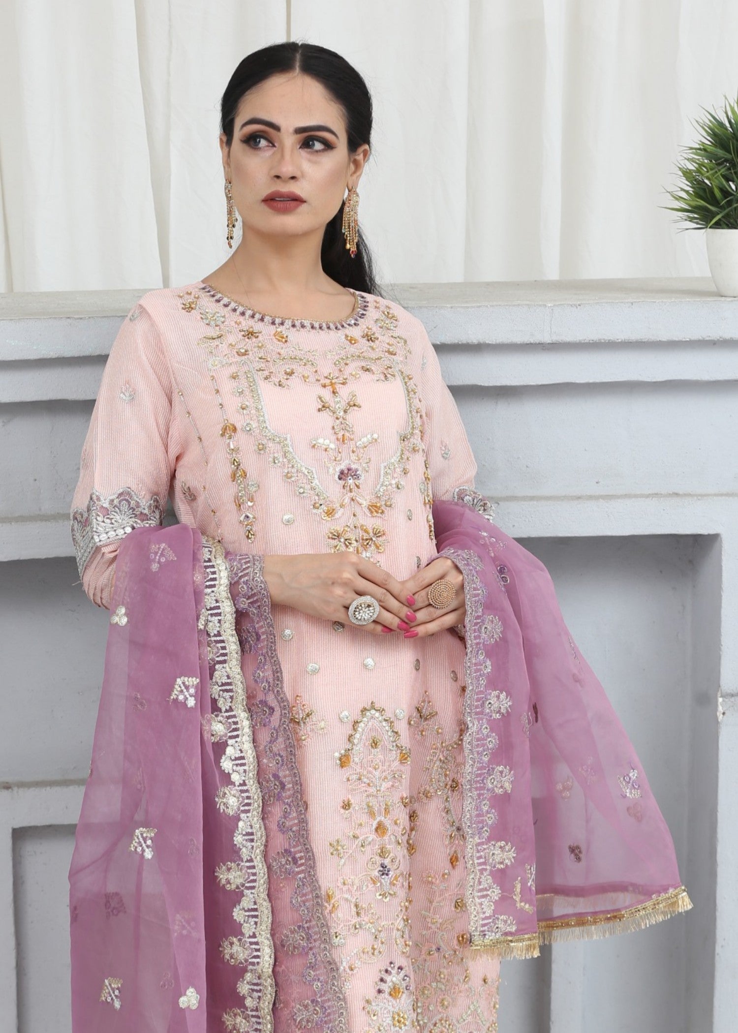 khaddi net Kurta Set in Cherry blossom pink