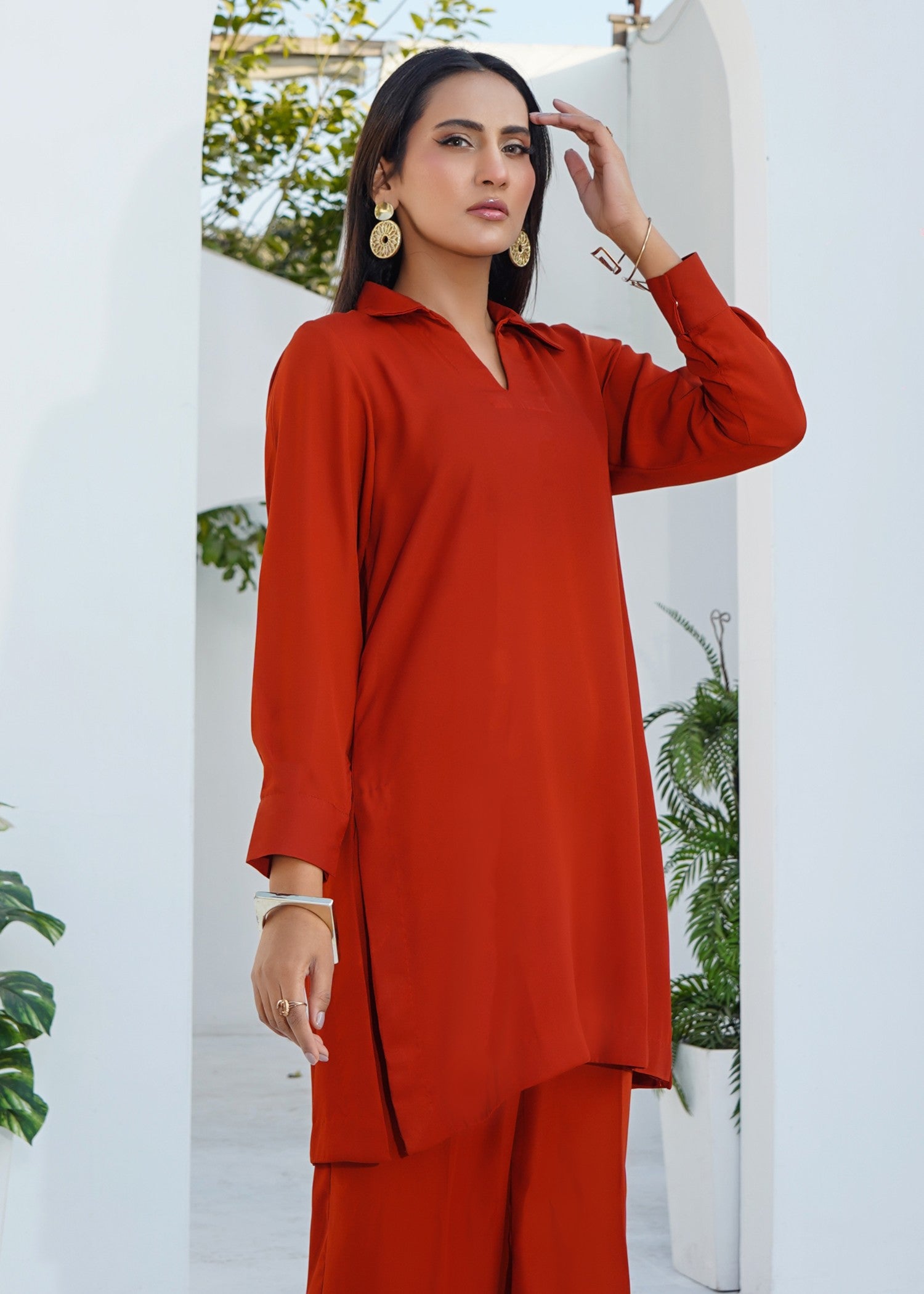 silk georgette Co Ord Sets in Rustic red