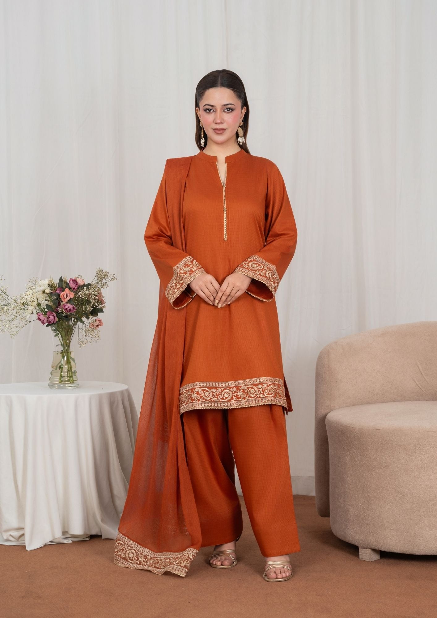 lawn Kurta Set in Rust orange