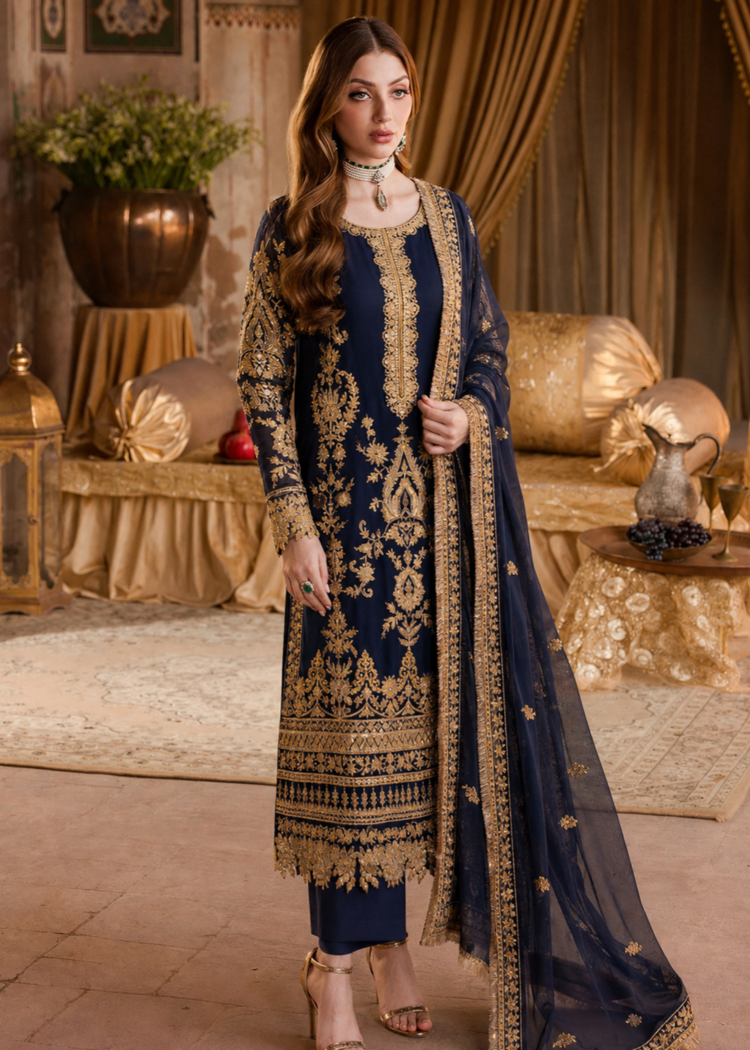 bemberg crinkle chiffon Kurta Set in Moonlight blue