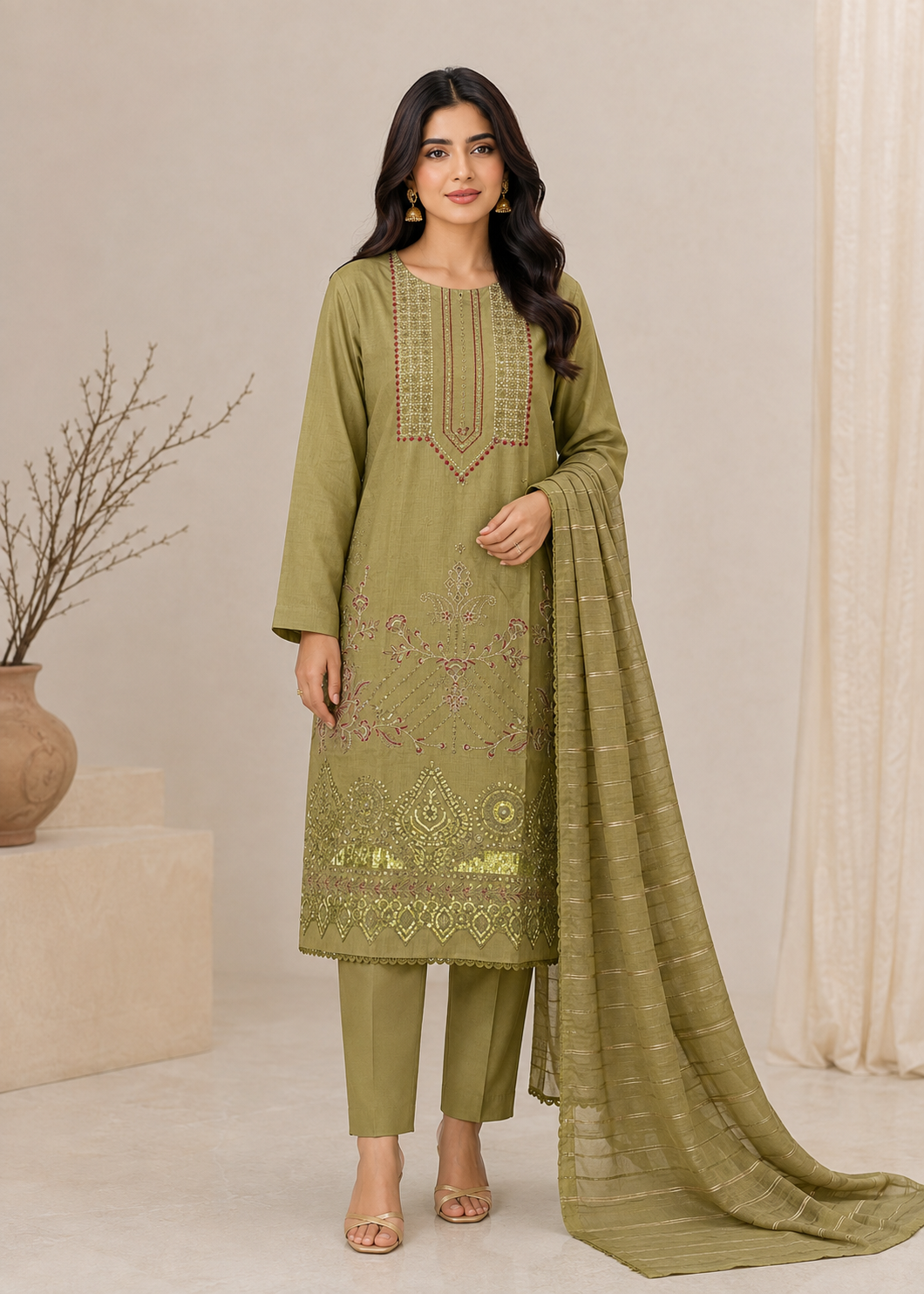 lawn cotton Kurta Set in Olive green