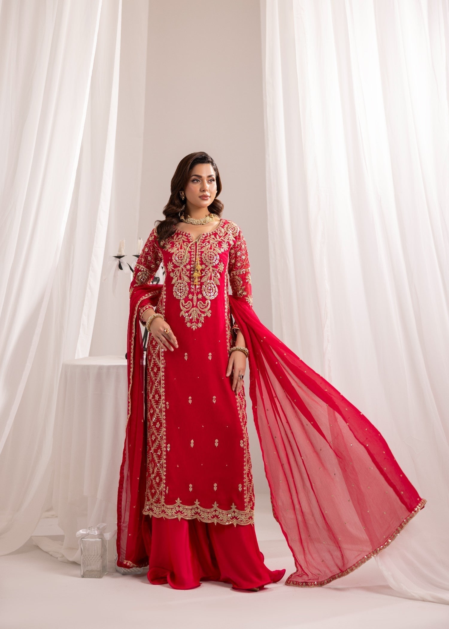 bemberg crinkle chiffon Kurta Set in Hot pink