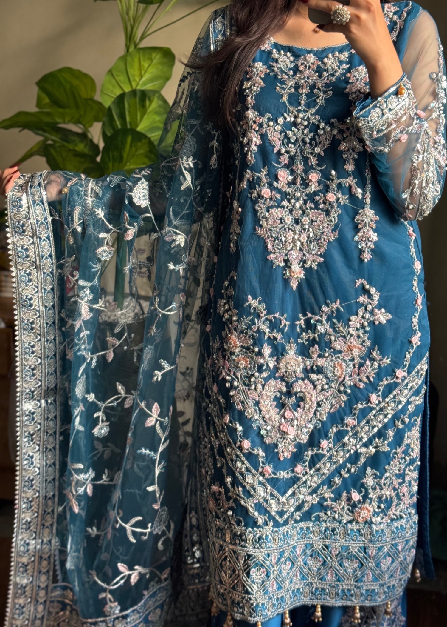 net Kurta Set in Teal