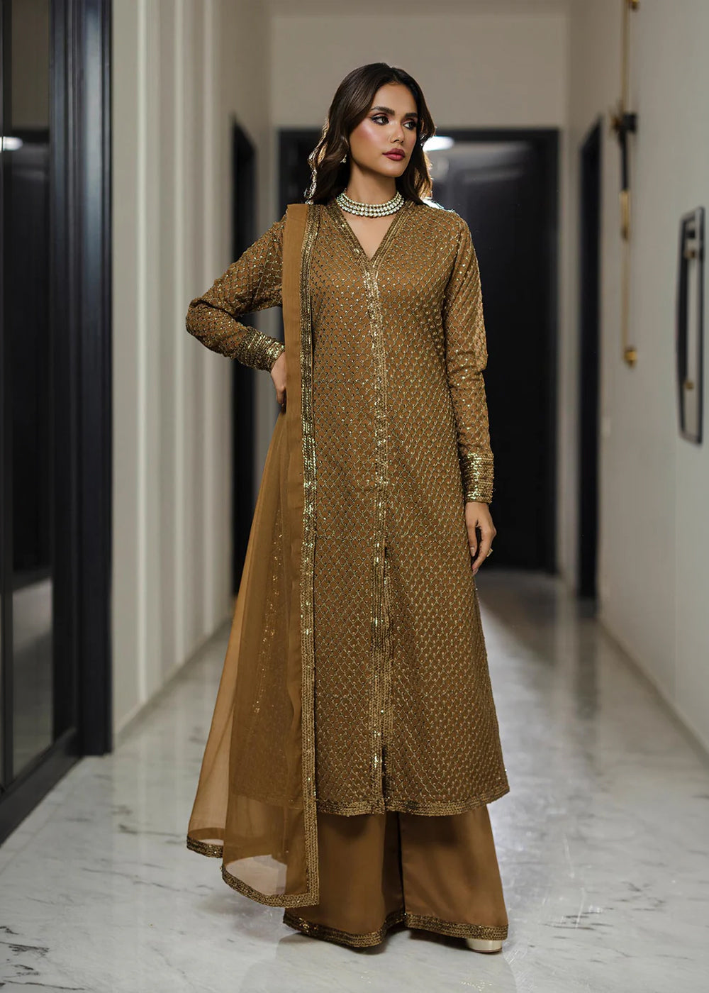 chiffon Kurta Set in Oak brown