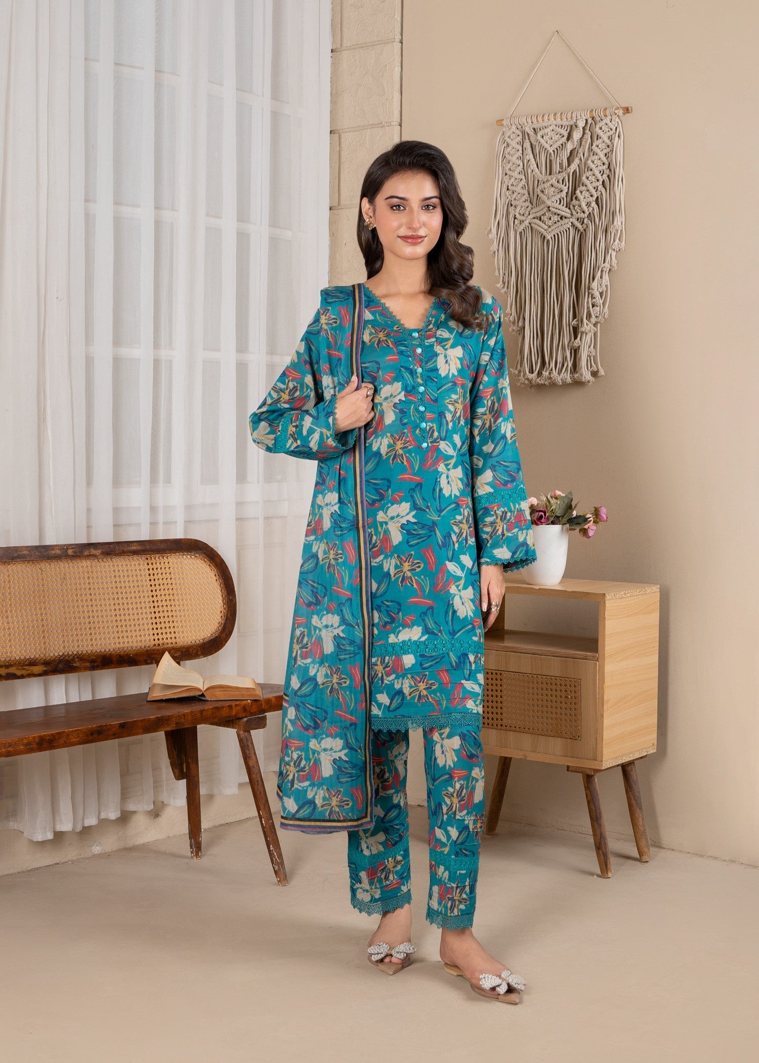 lawn Kurta Set in Bondi blue