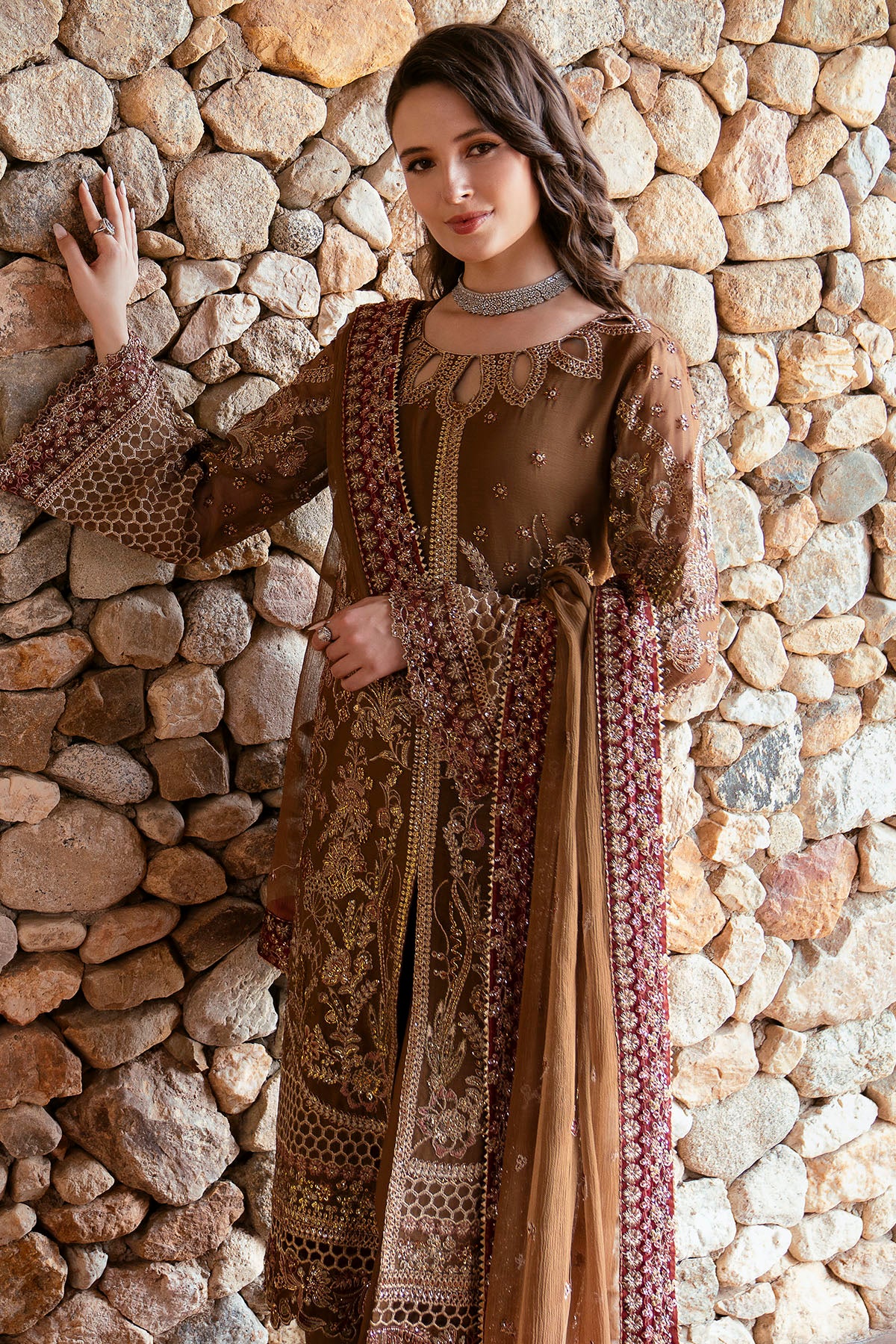 crinkle chiffon Kurta Set in Walnut brown