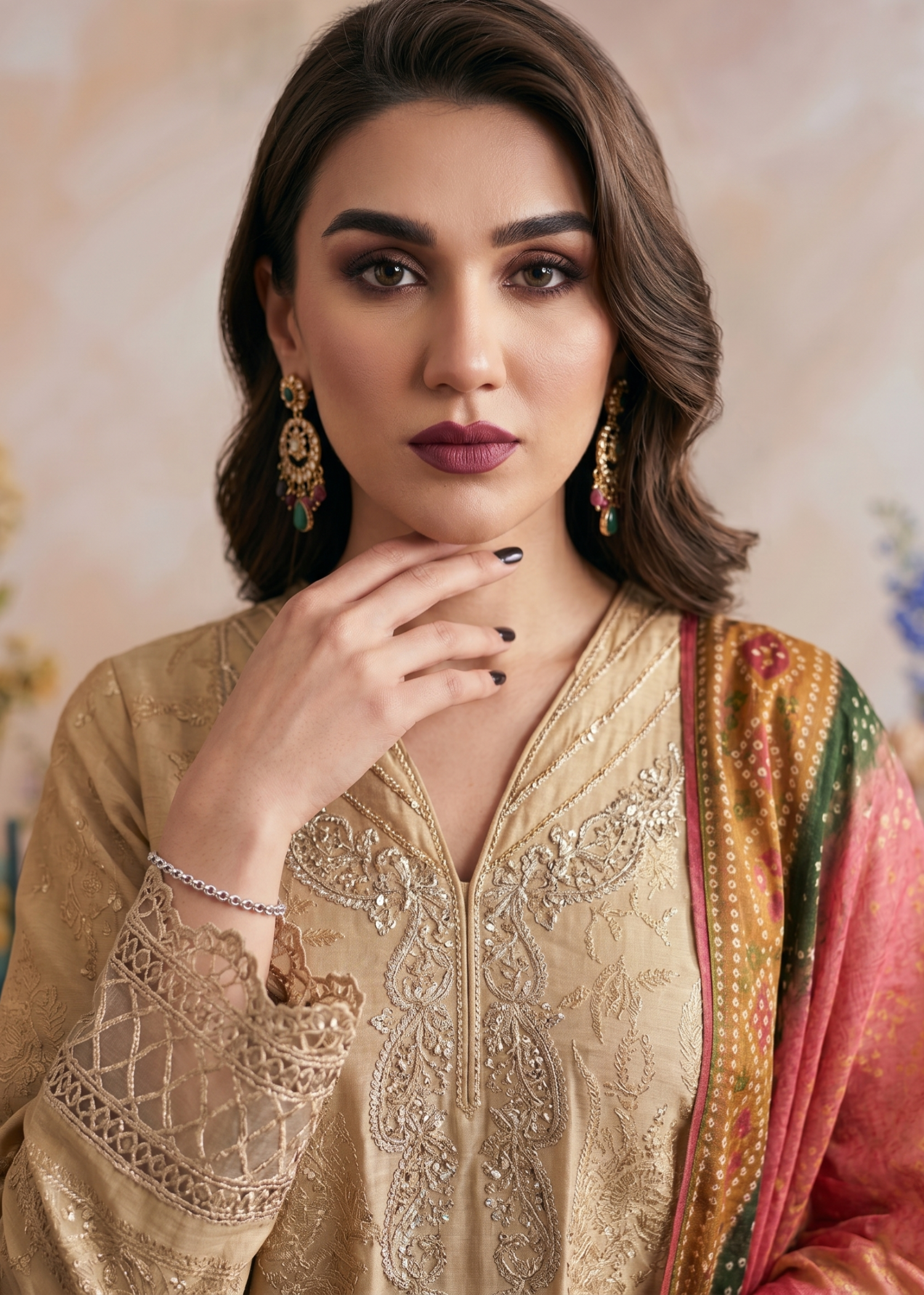 jacquard Kurta Set in Beige