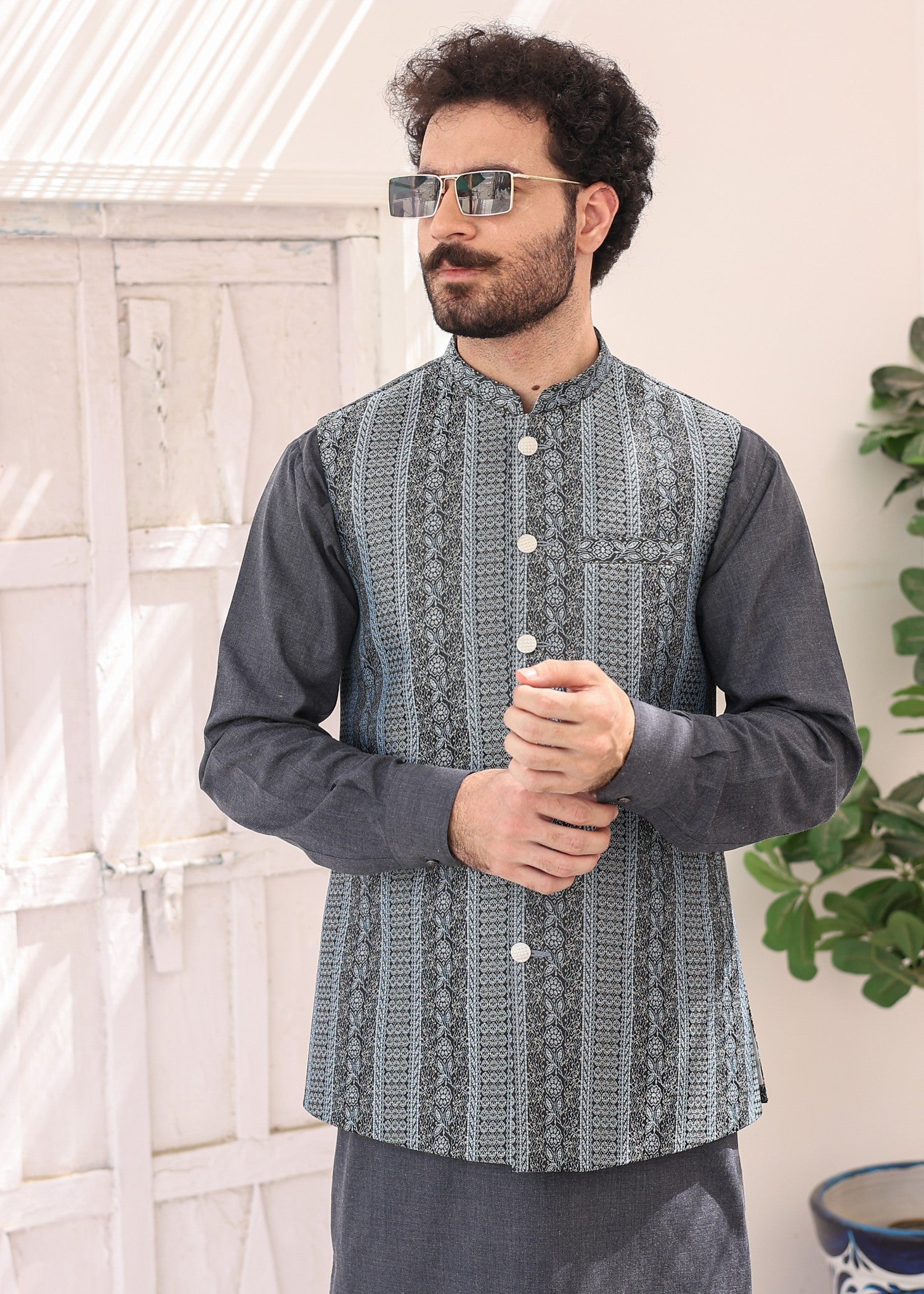 jamawar Waistcoat in Shadow blue