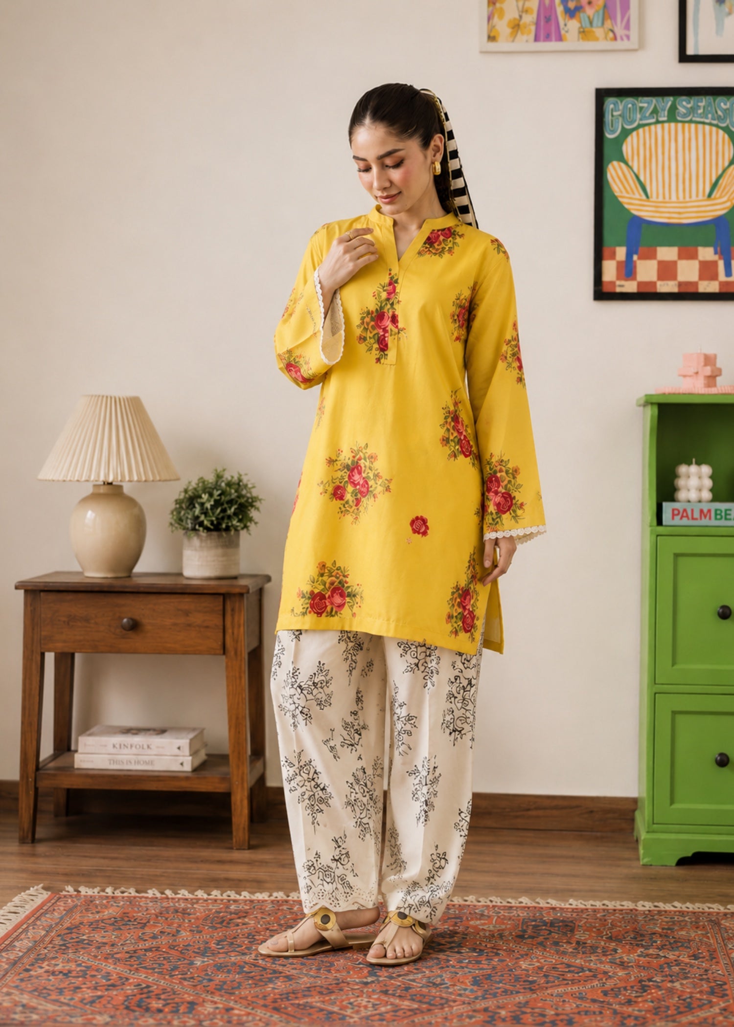 poly lawn Kurta Set in Mustard