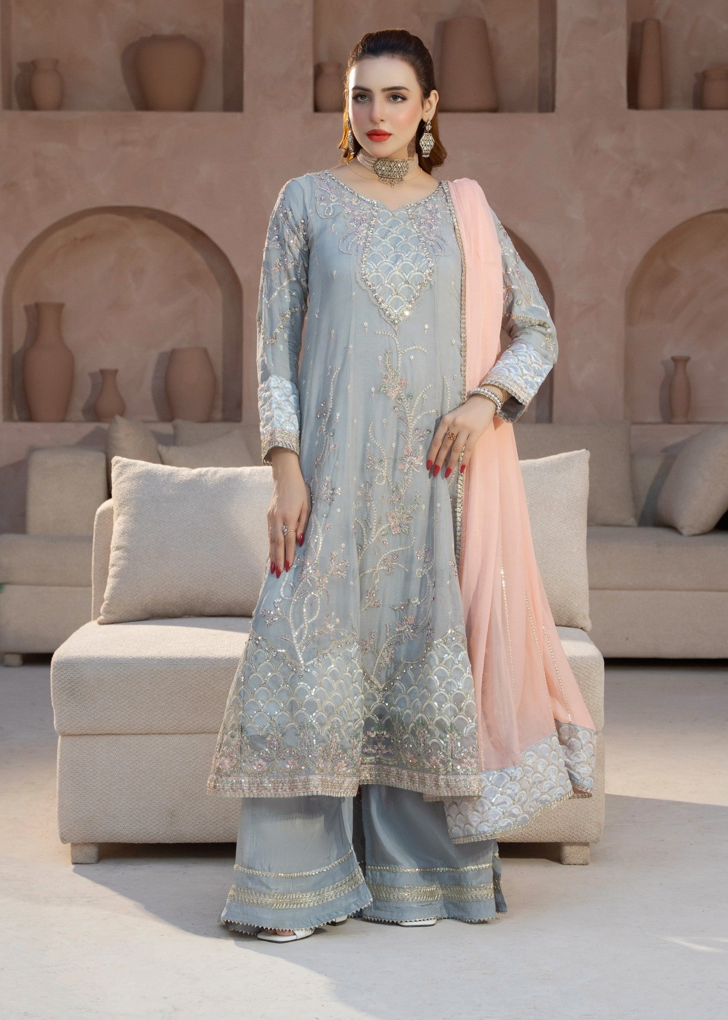 chiffon Pishwas in Slate grey