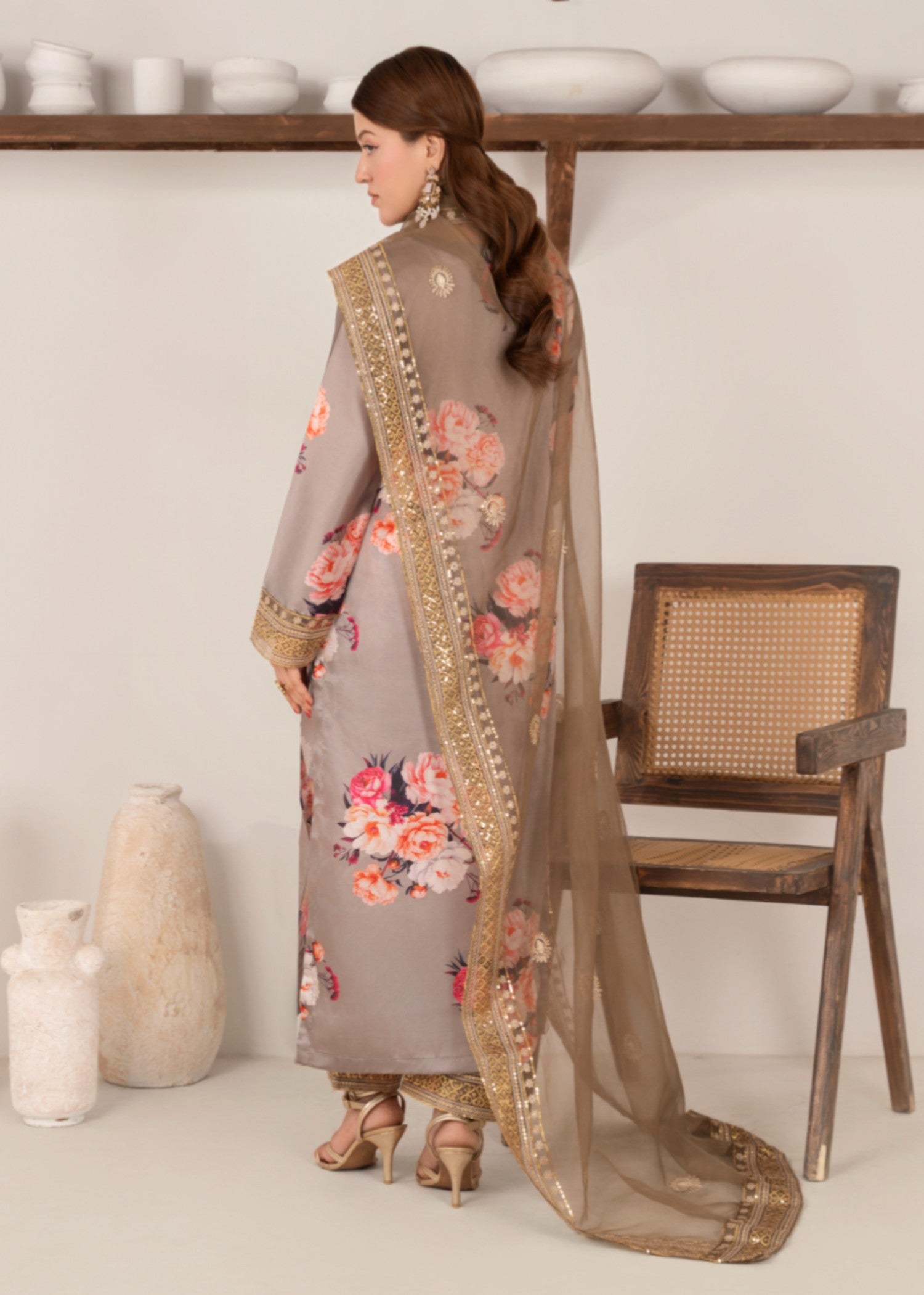 silk charmeuse Kurta Set in Light grey