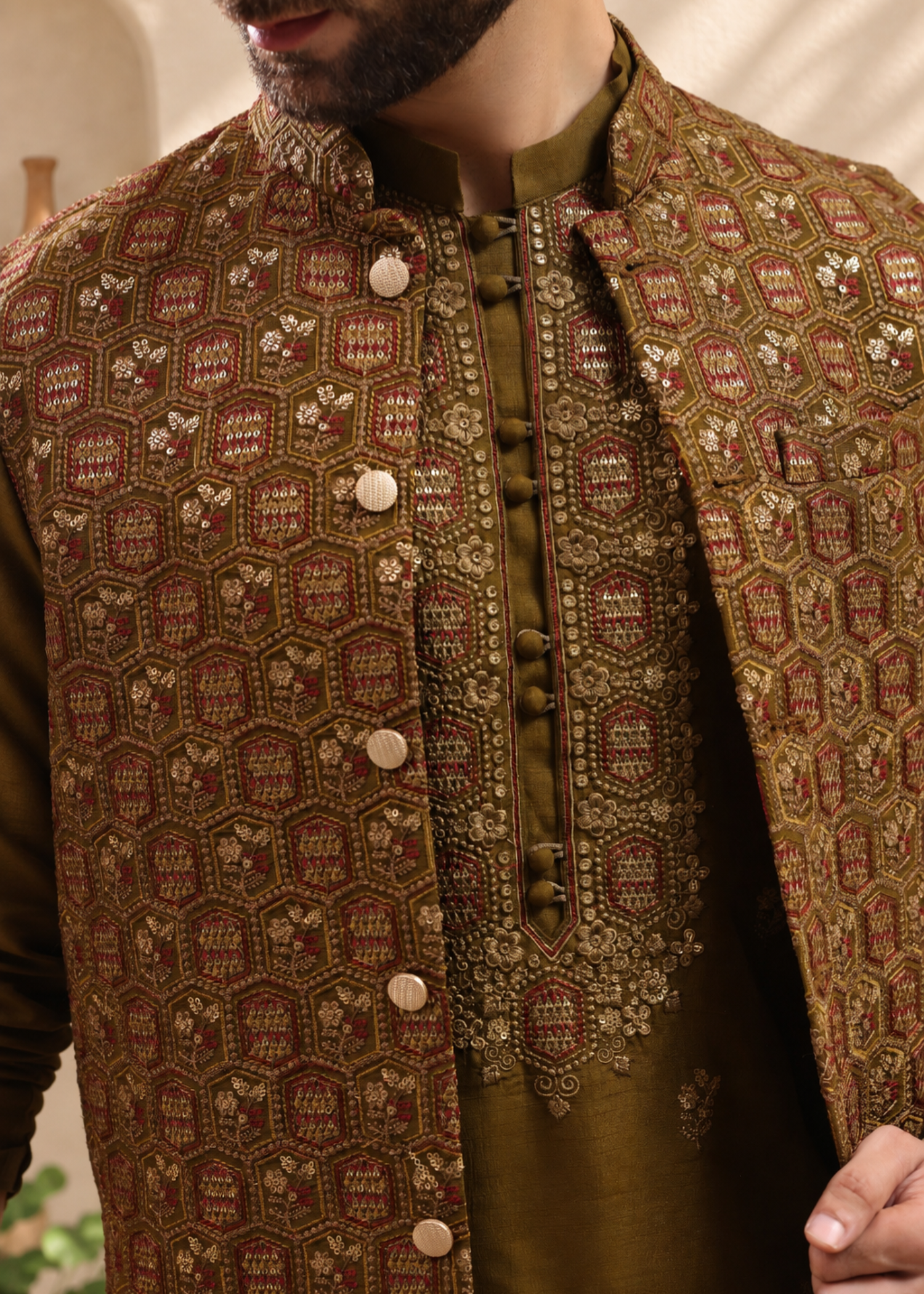 raw silk Waistcoat in Olive green by The Great Masters (TGM)