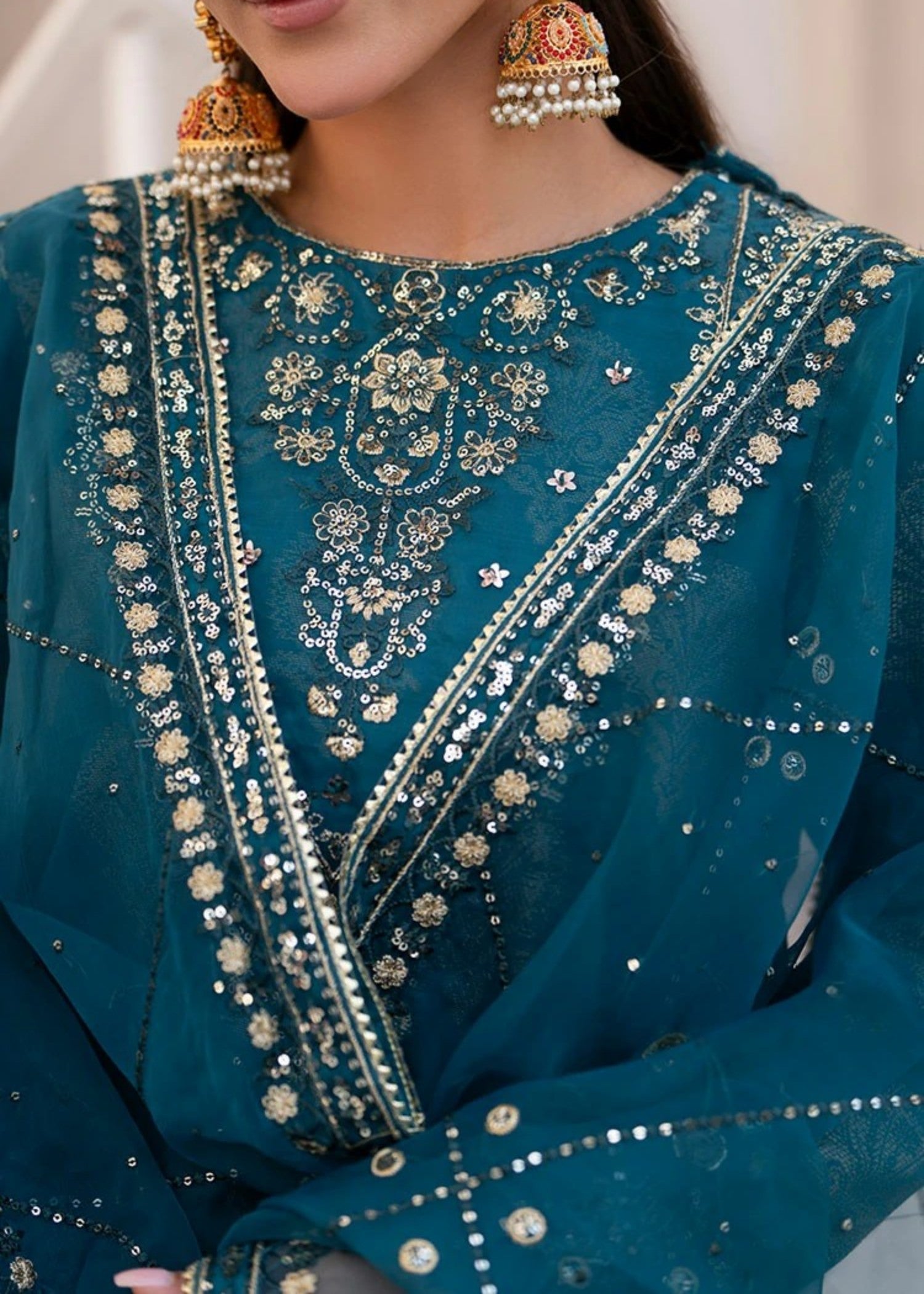 jacquard Kurta Set in Teal